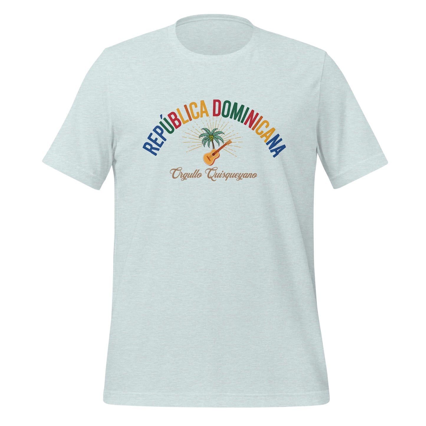 T-shirt con diseño colorido del país República Dominicana con texto “República Dominicana – Orgullo Caribeño”.