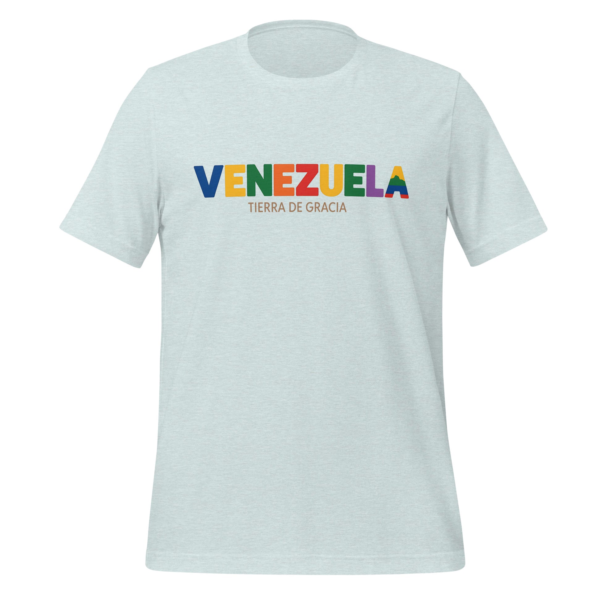 T-shirt con diseño colorido del país Venezuela con texto “Venezuela – Tierra de Gracia”.