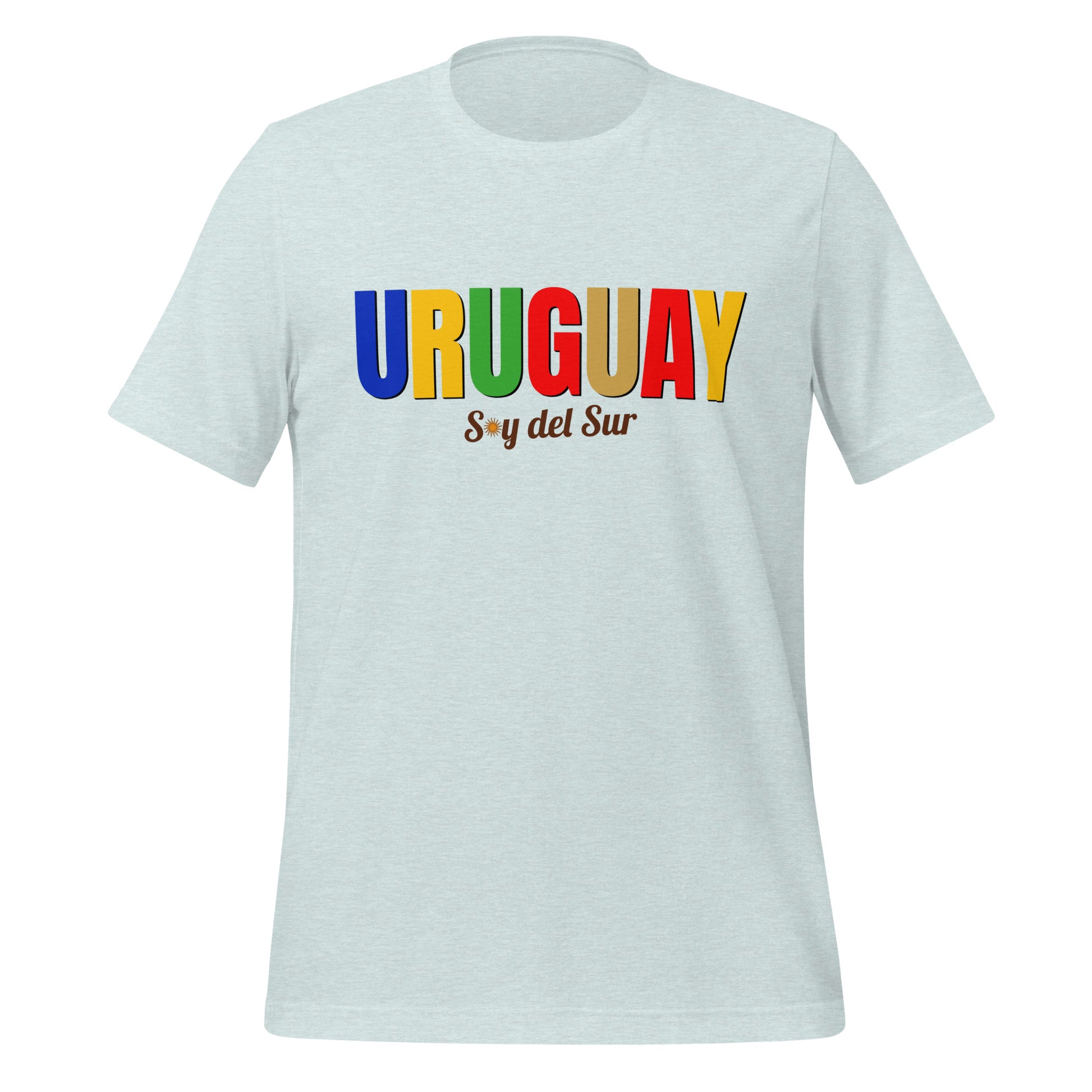 T-shirt con diseño colorido del país Uruguay con texto “Uruguay – Soy del Sur