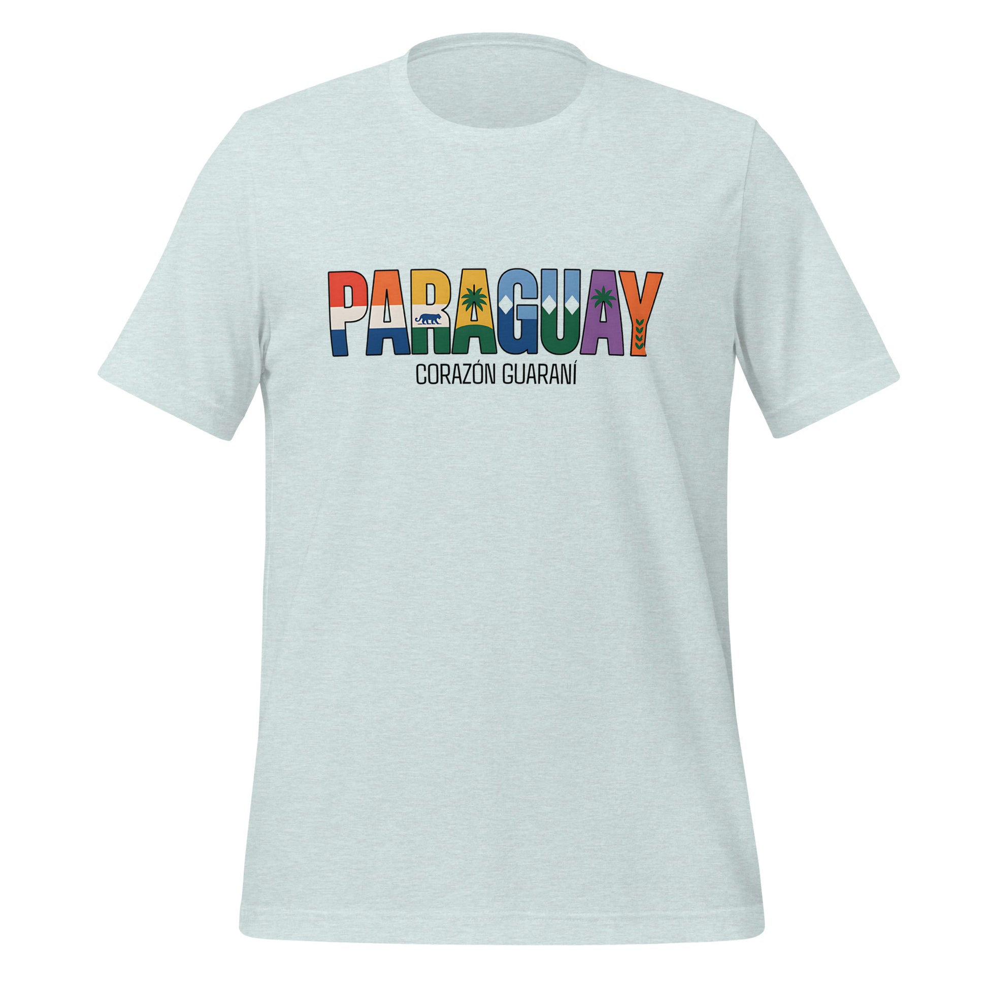 T-shirt con diseño colorido del país Paraguay con texto “Paraguay – Corazón Guaraní”.