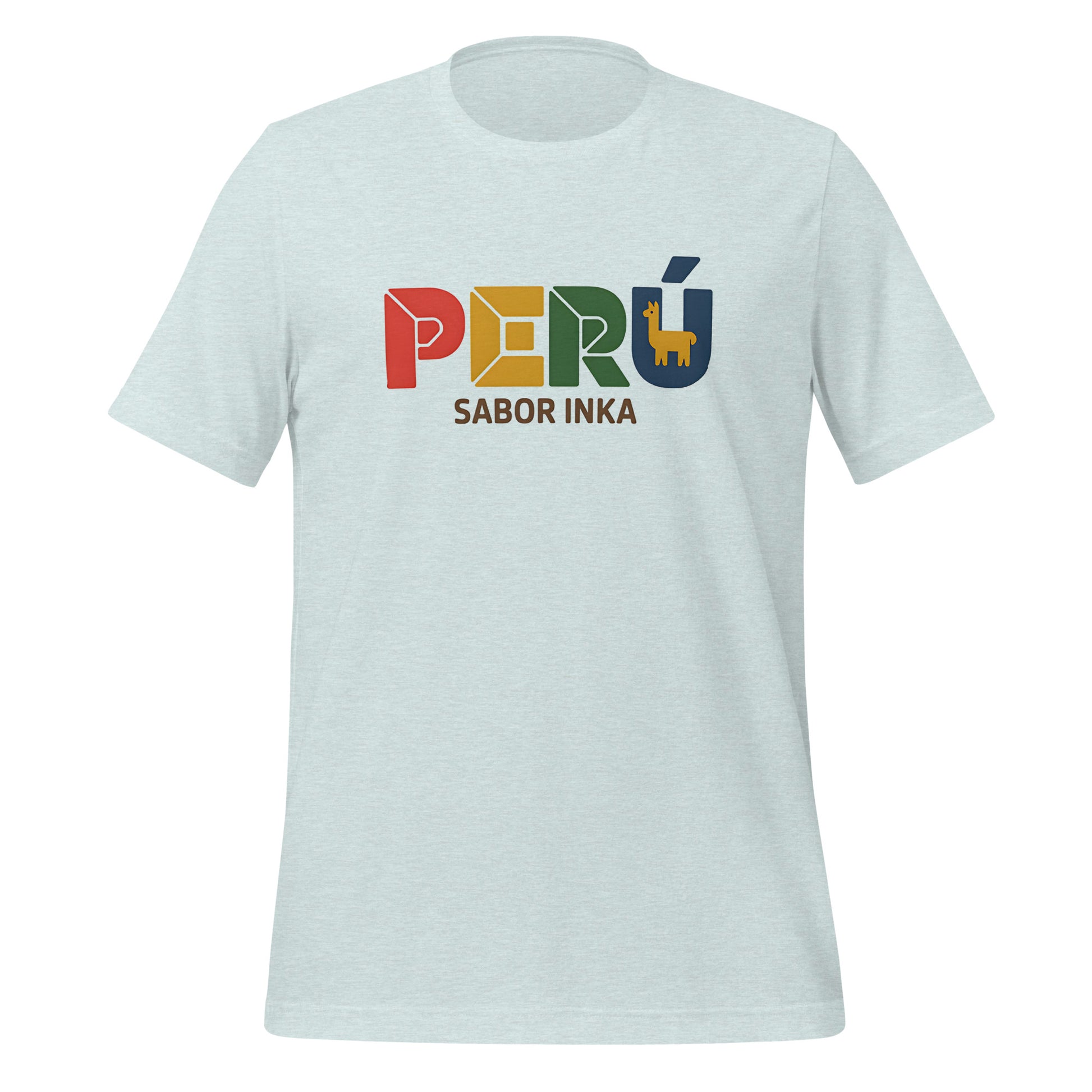 T-shirt con diseño colorido del país Perú con texto “Perú – Sabor Inka”.
