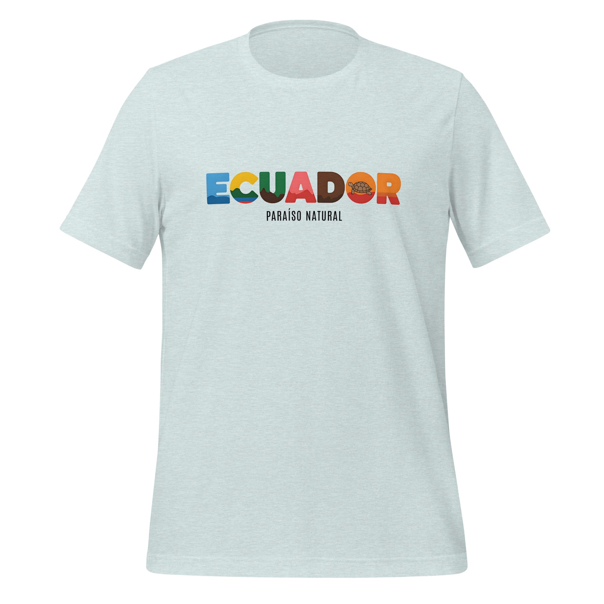 T-shirt con diseño colorido del país Ecuador con texto “Ecuador – Paraíso Natural”.