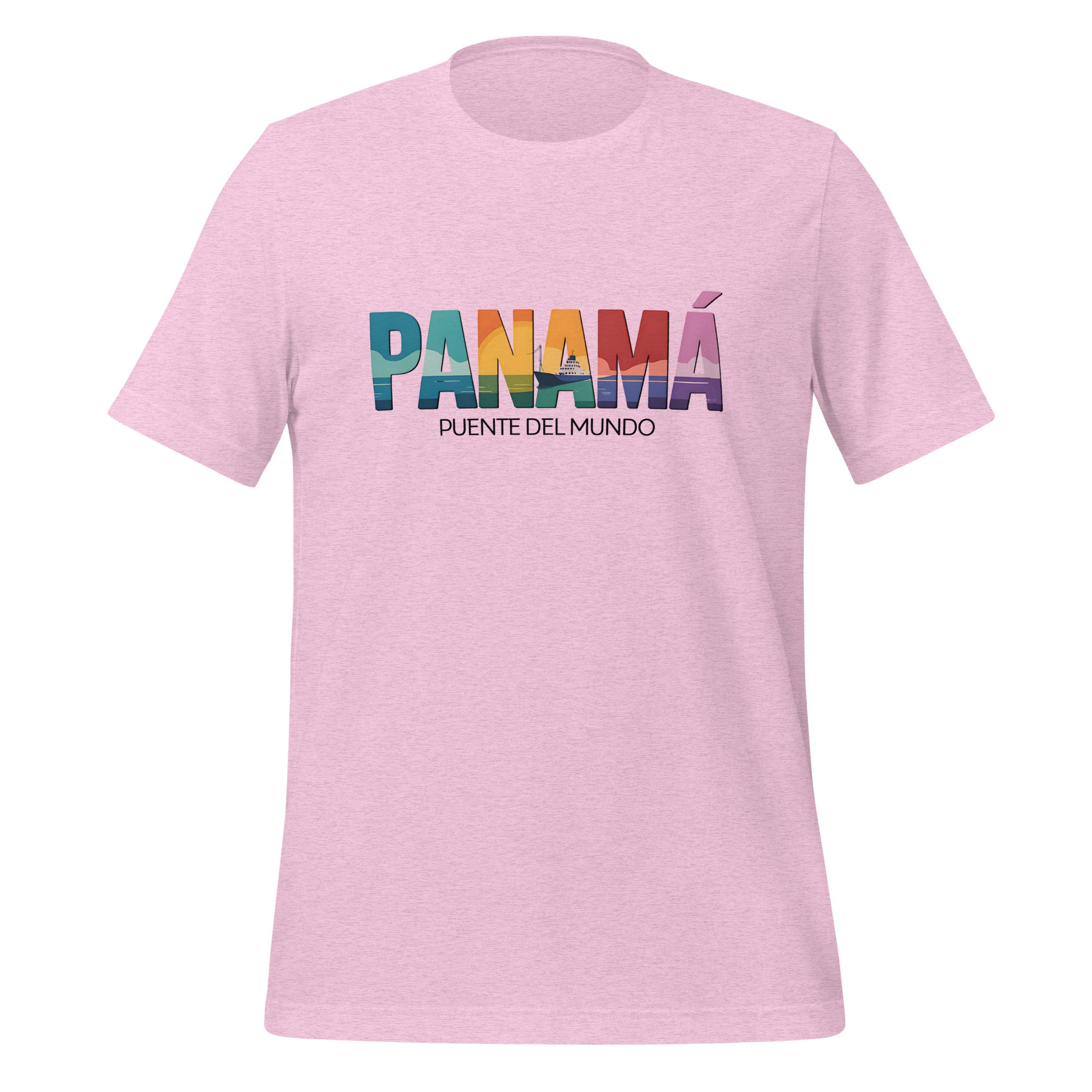 T-shirt con diseño colorido del país Panamá con texto “Panamá – Puente del Mundo”.