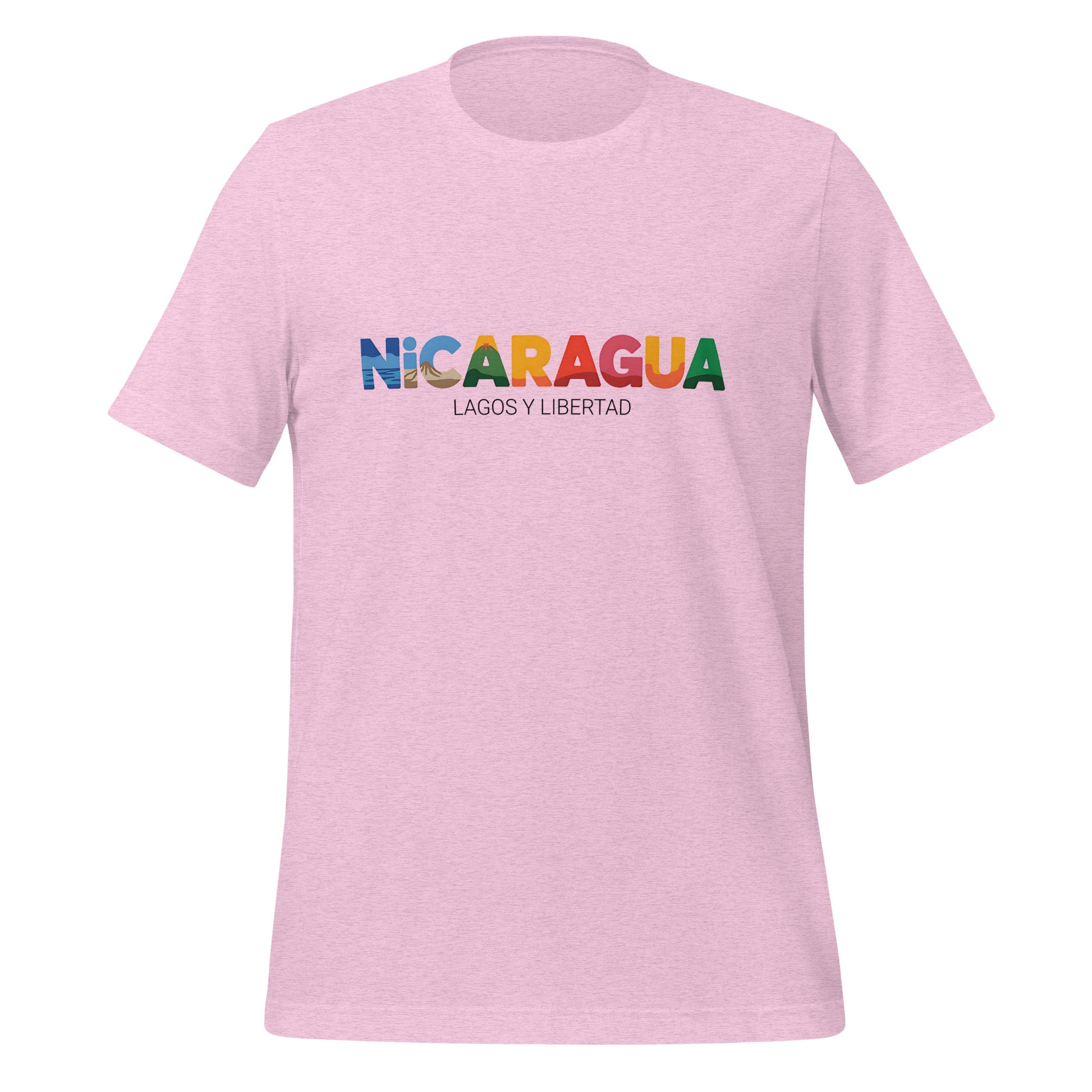 T-shirt con diseño colorido del país Nicaragua con texto “Nicaragua – Lagos y Libertad”.