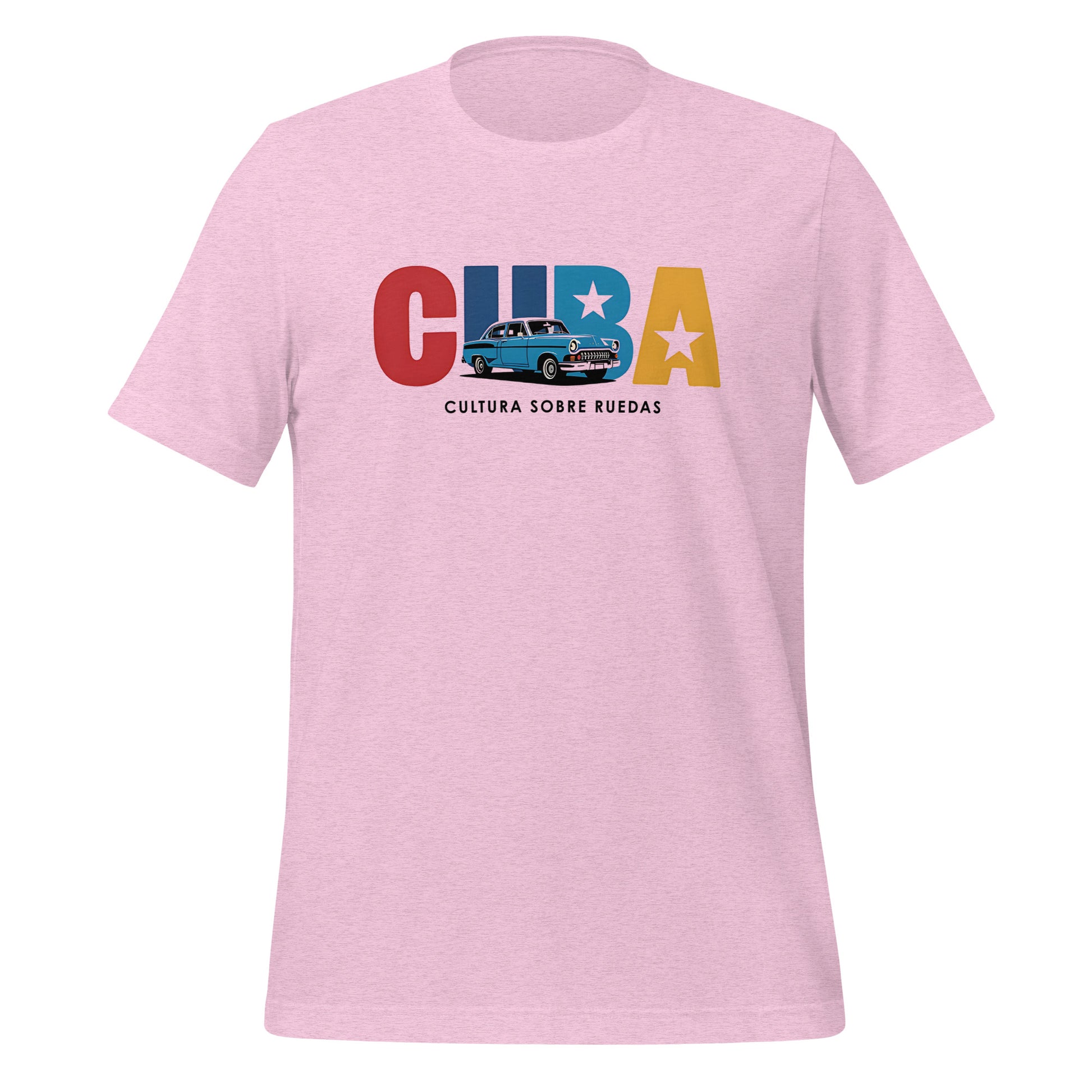 T-shirt con diseño colorido del país Cuba con texto “Cuba – Cultura sobre Ruedas”.