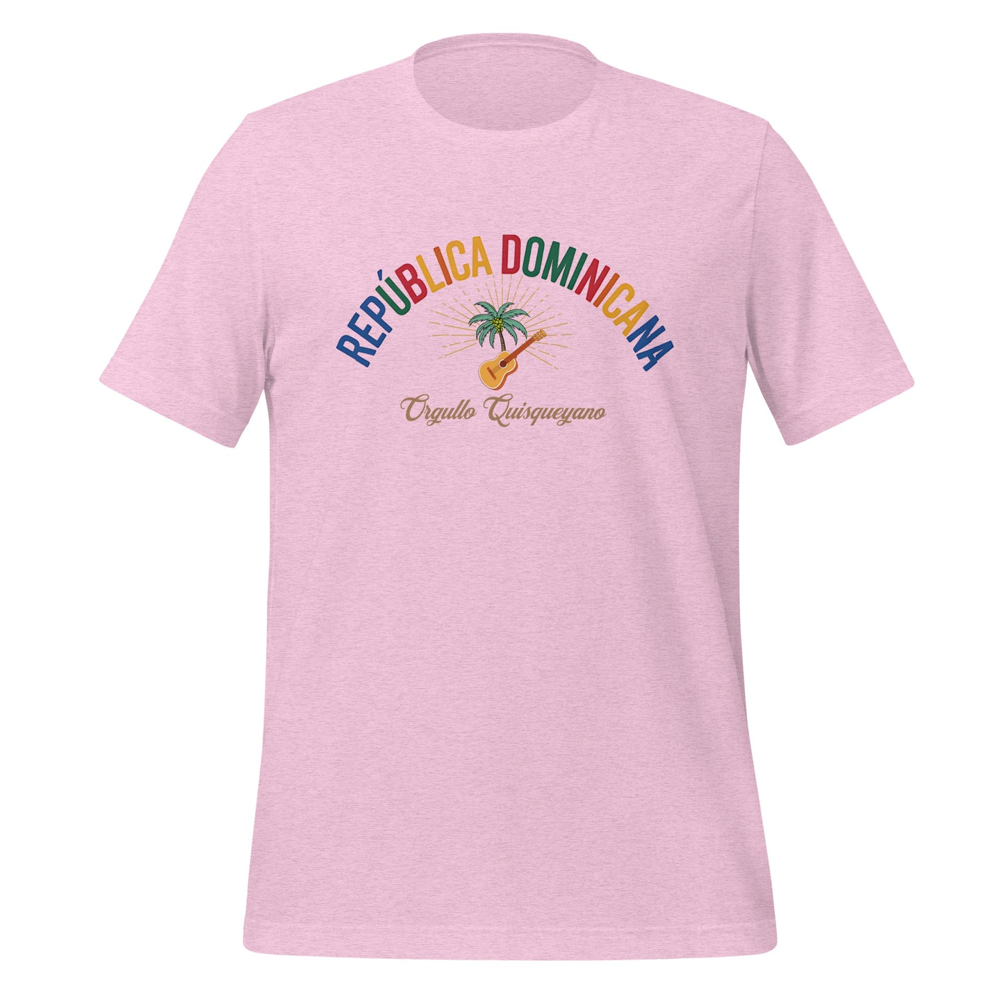 T-shirt con diseño colorido del país República Dominicana con texto “República Dominicana – Orgullo Caribeño”.