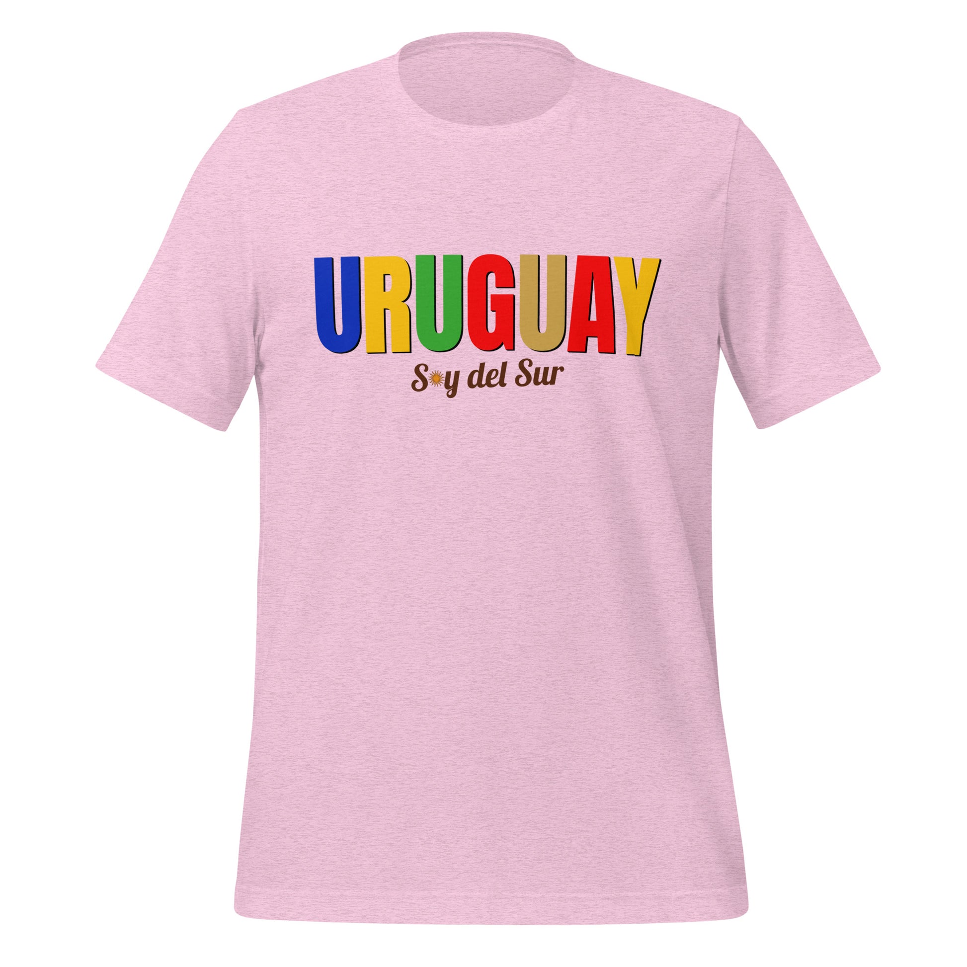 T-shirt con diseño colorido del país Uruguay con texto “Uruguay – Soy del Sur