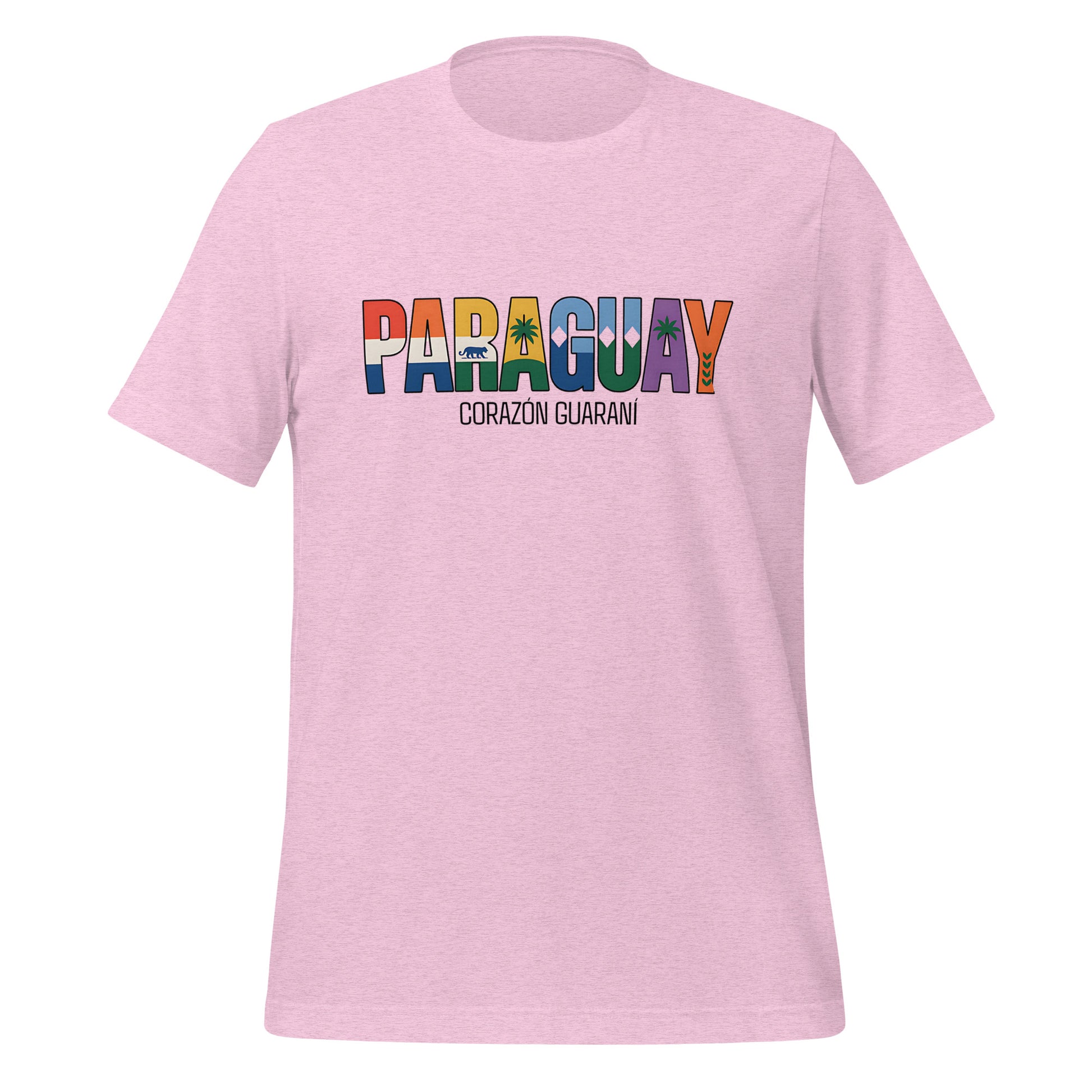 T-shirt con diseño colorido del país Paraguay con texto “Paraguay – Corazón Guaraní”.