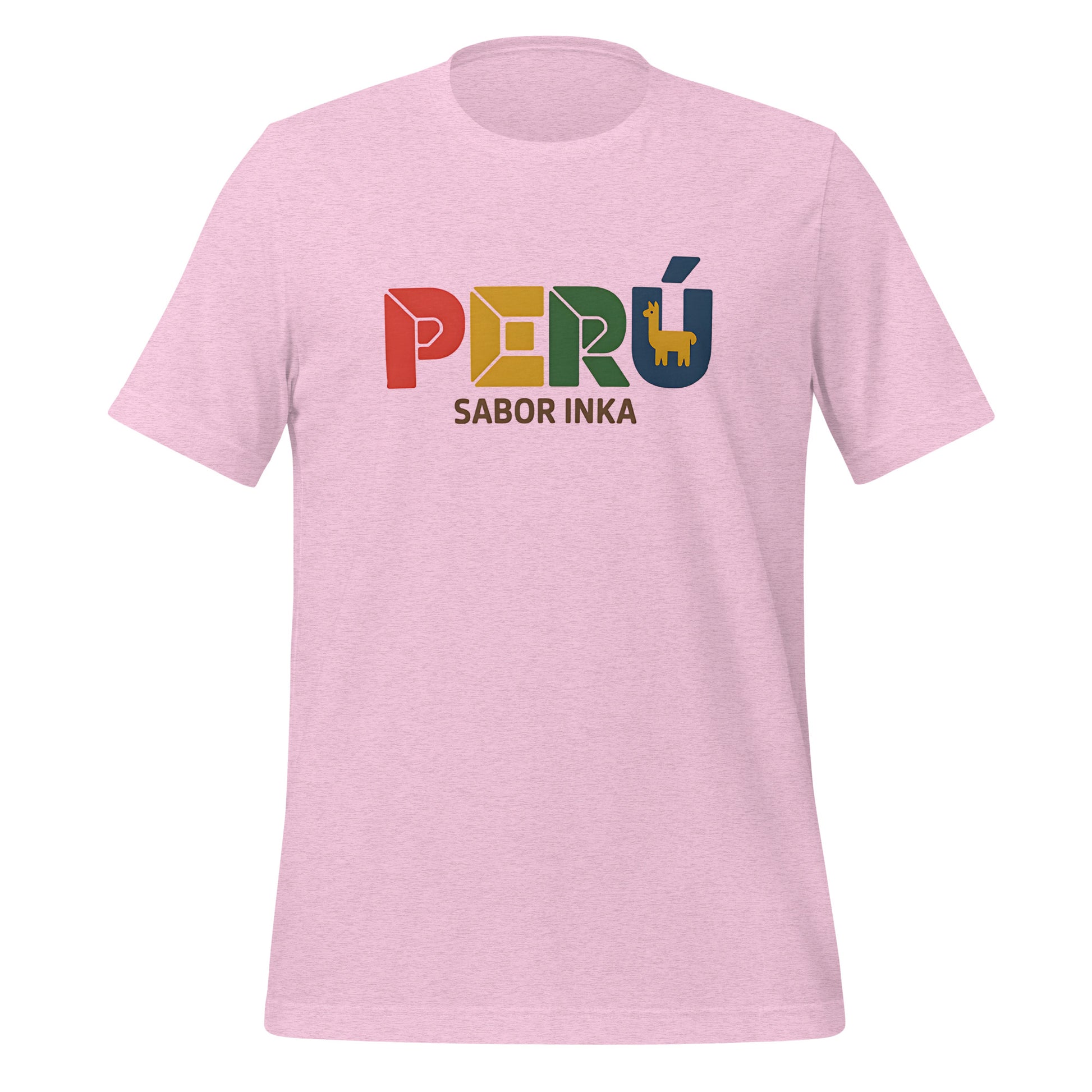 T-shirt con diseño colorido del país Perú con texto “Perú – Sabor Inka”.
