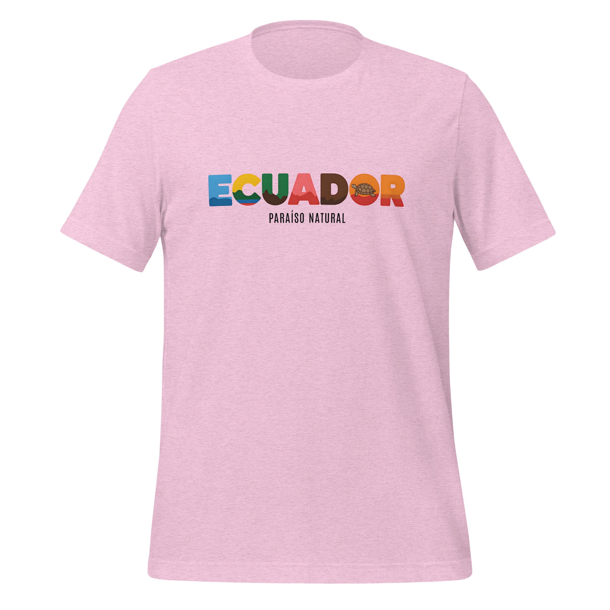 T-shirt con diseño colorido del país Ecuador con texto “Ecuador – Paraíso Natural”.