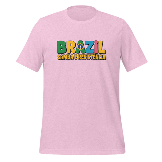 T-shirt con diseño colorido del país Brazil con texto “Brazil – Samba e Resistência”.