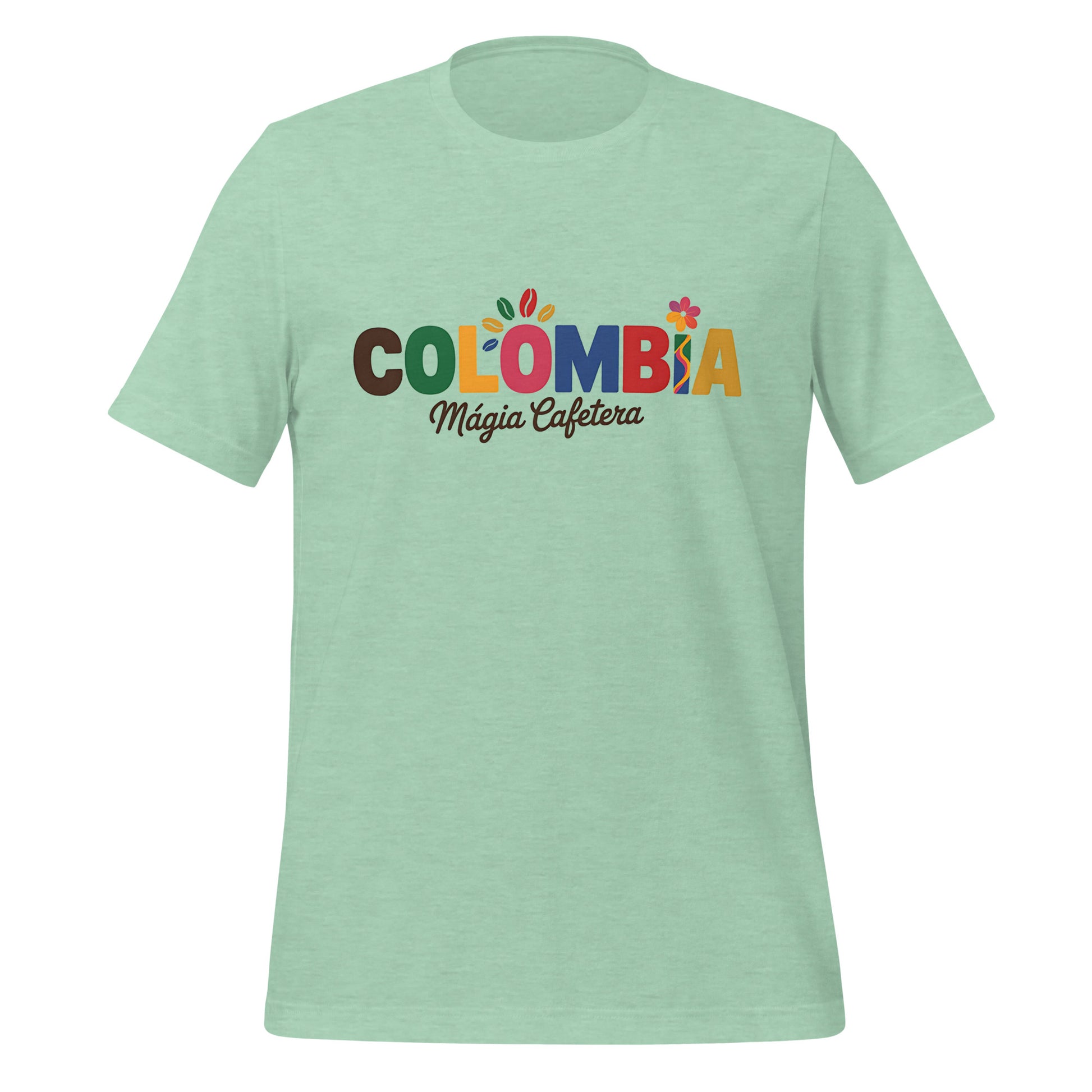T-shirt con diseño colorido del país Colombia con texto “Colombia – Magia Cafetera”.
