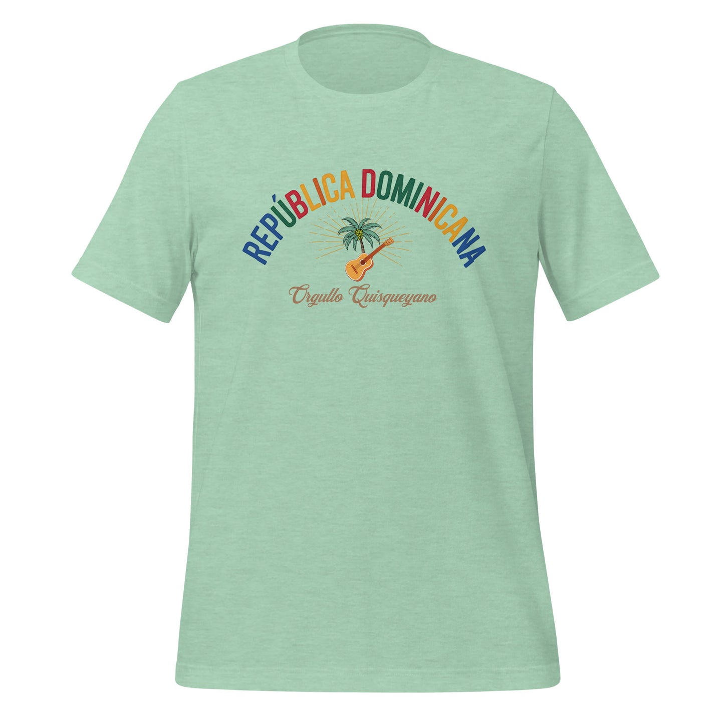 T-shirt con diseño colorido del país República Dominicana con texto “República Dominicana – Orgullo Caribeño”.
