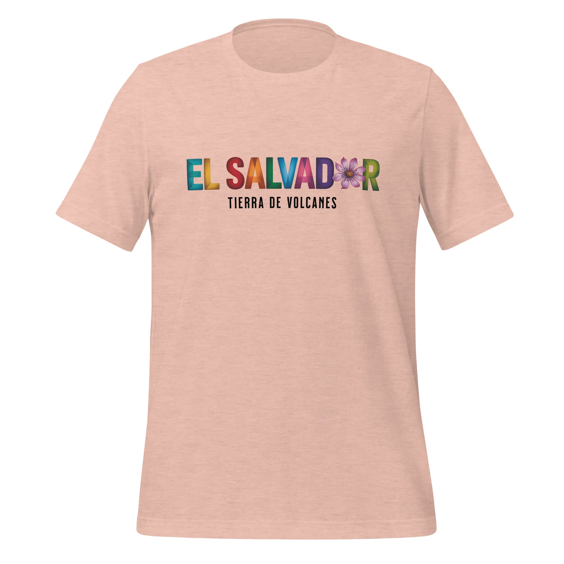 T-shirt con diseño colorido del país El Salvador con texto “El Salvador – Tierra de Volcanes”.