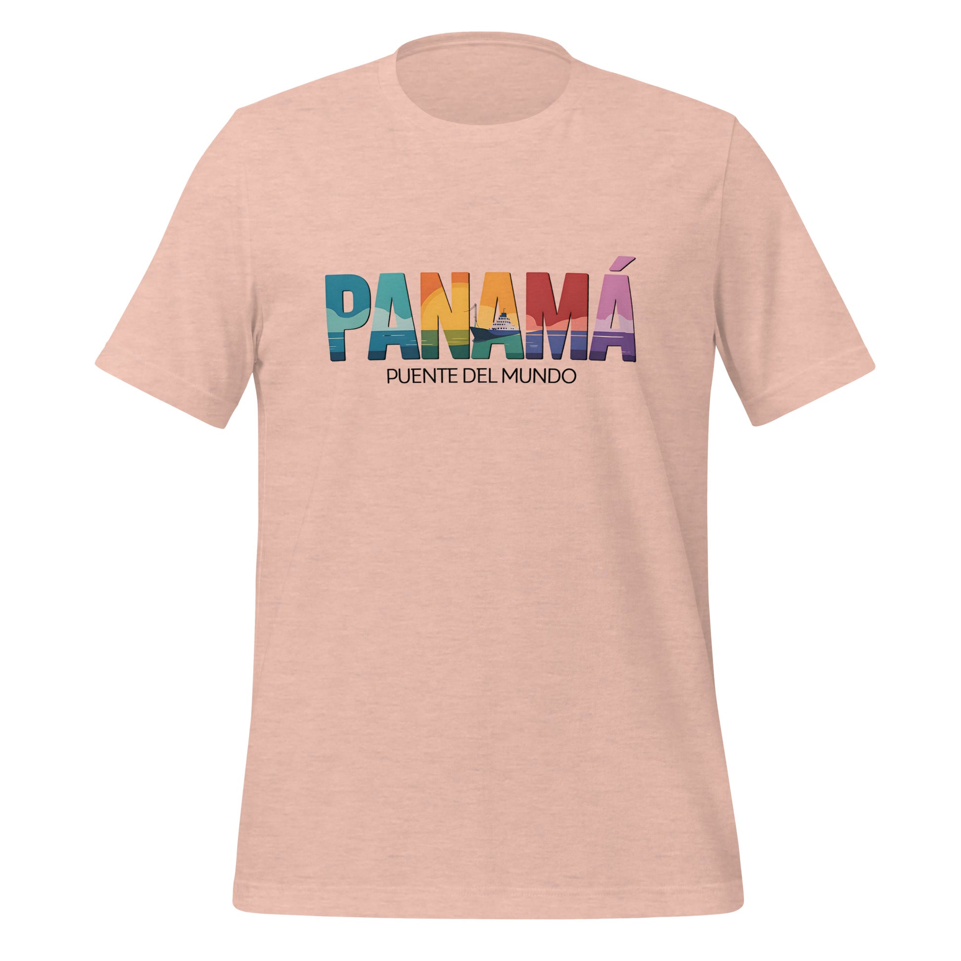 T-shirt con diseño colorido del país Panamá con texto “Panamá – Puente del Mundo”.