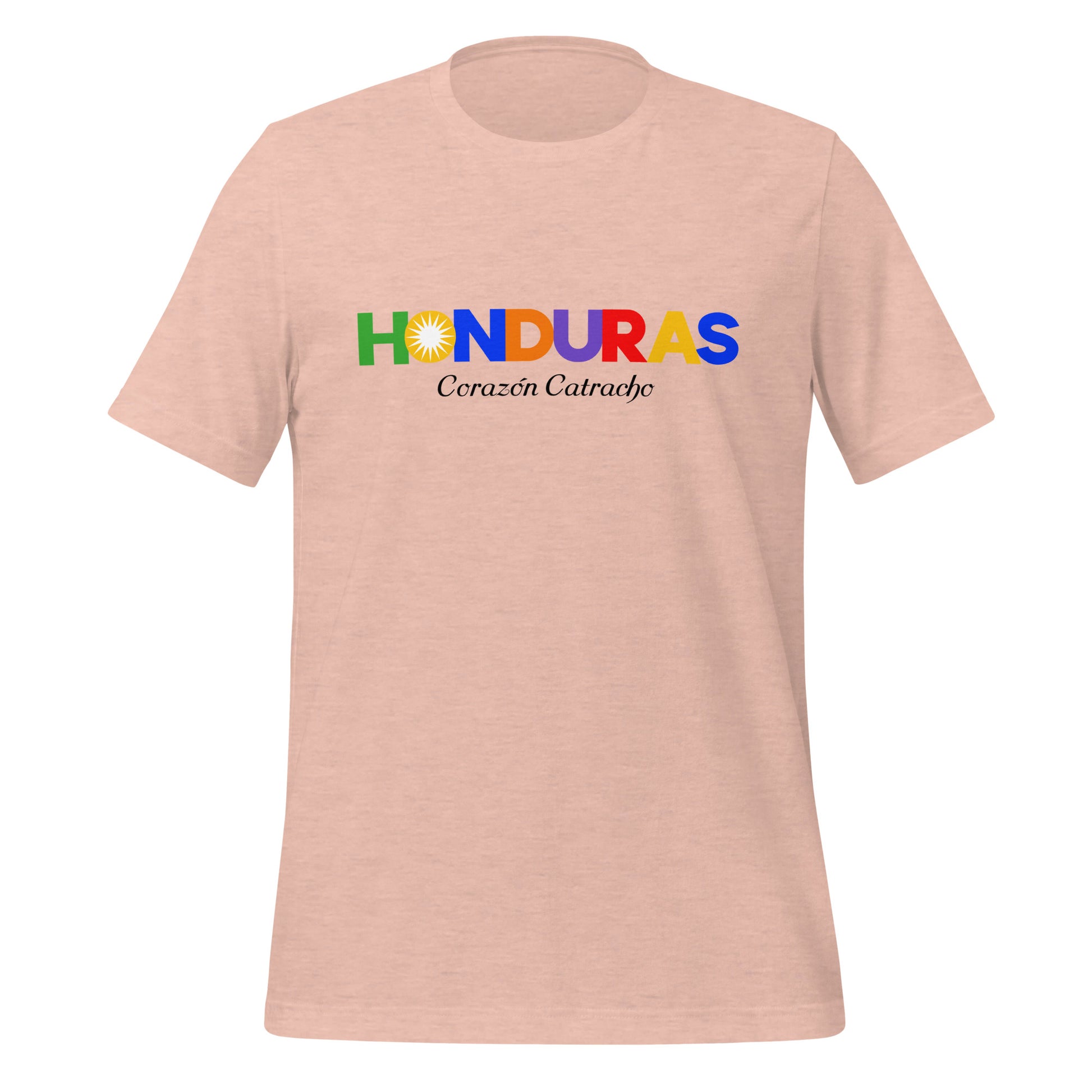 T-shirt con diseño colorido del país Honduras con texto “Honduras – Corazón Catracho”