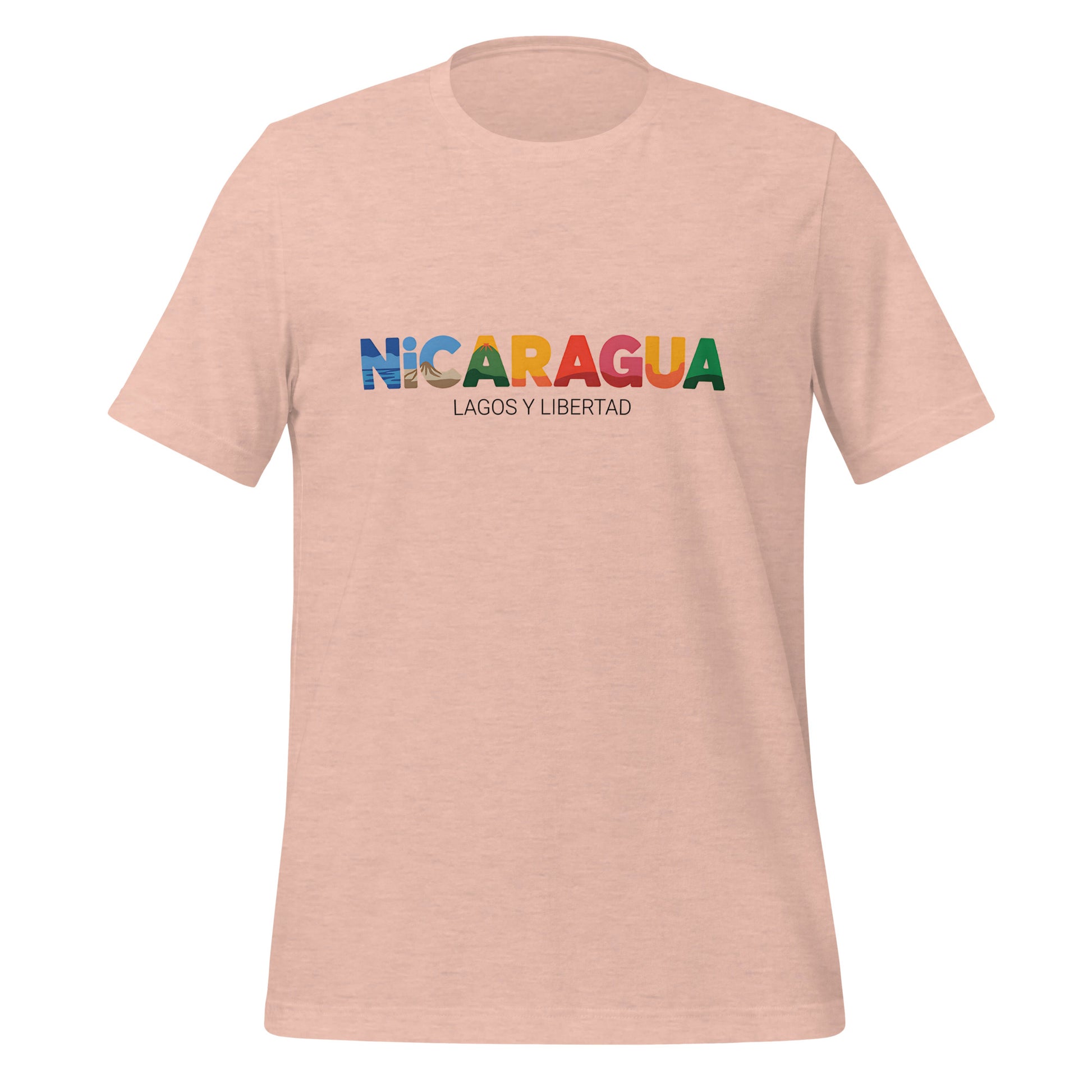 T-shirt con diseño colorido del país Nicaragua con texto “Nicaragua – Lagos y Libertad”.