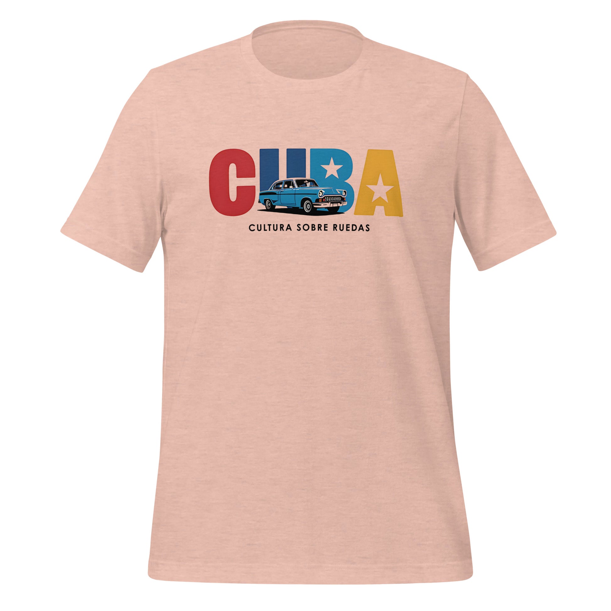 T-shirt con diseño colorido del país Cuba con texto “Cuba – Cultura sobre Ruedas”.