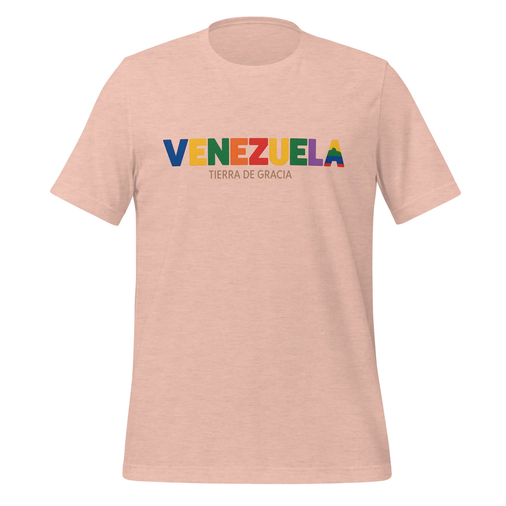 T-shirt con diseño colorido del país Venezuela con texto “Venezuela – Tierra de Gracia”.