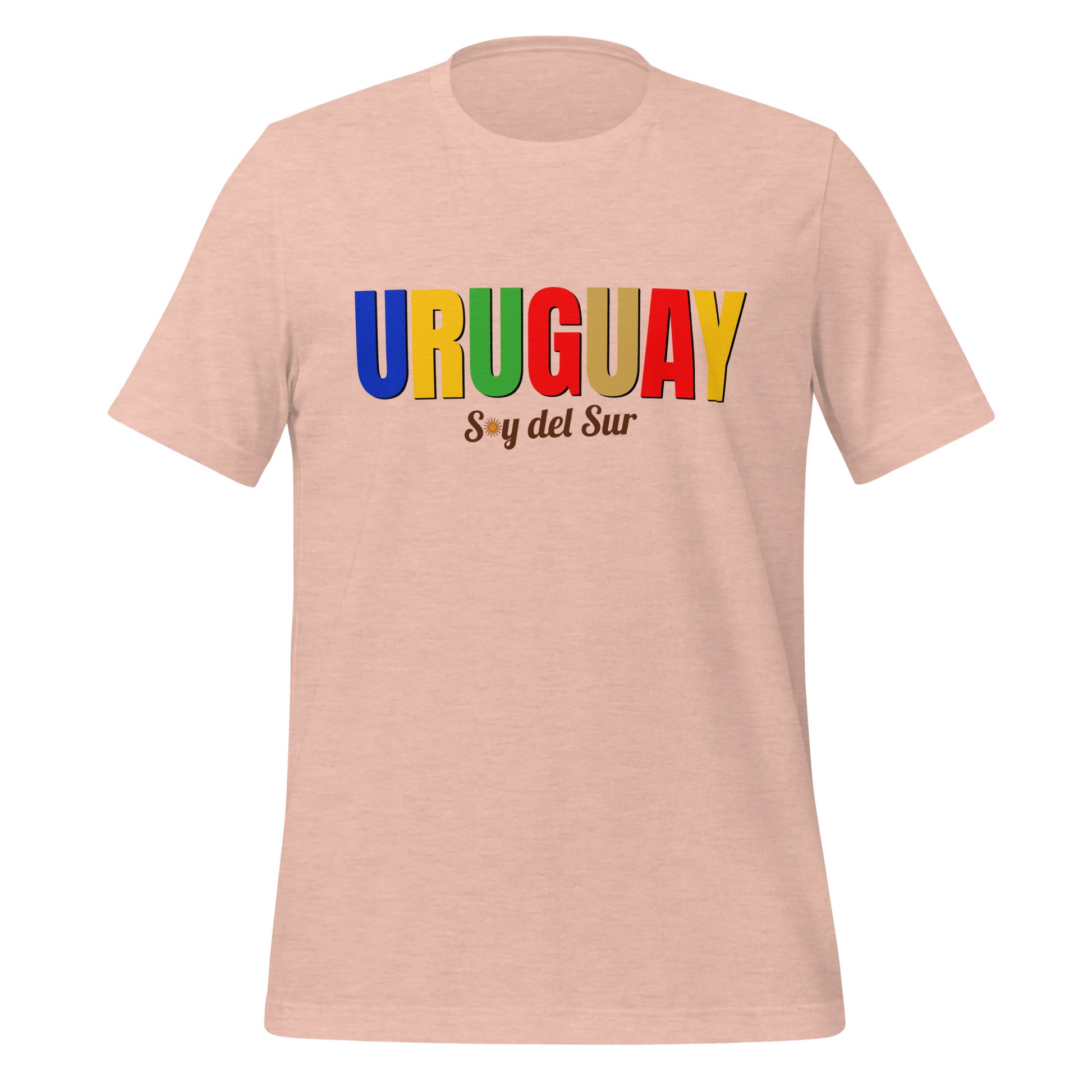 T-shirt con diseño colorido del país Uruguay con texto “Uruguay – Soy del Sur