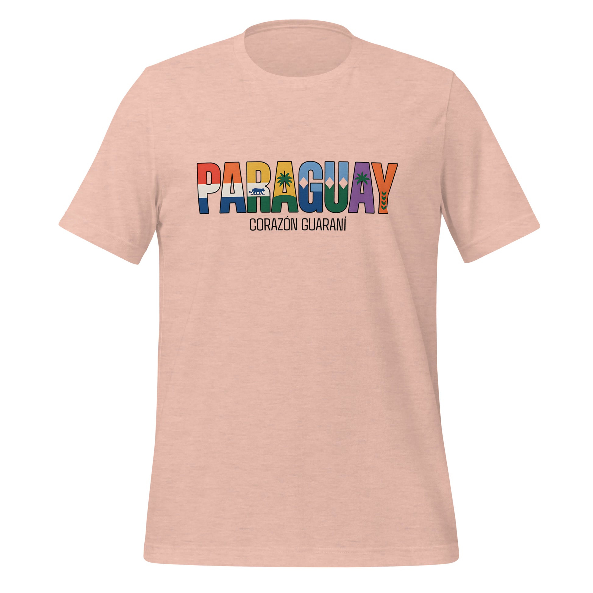 T-shirt con diseño colorido del país Paraguay con texto “Paraguay – Corazón Guaraní”.