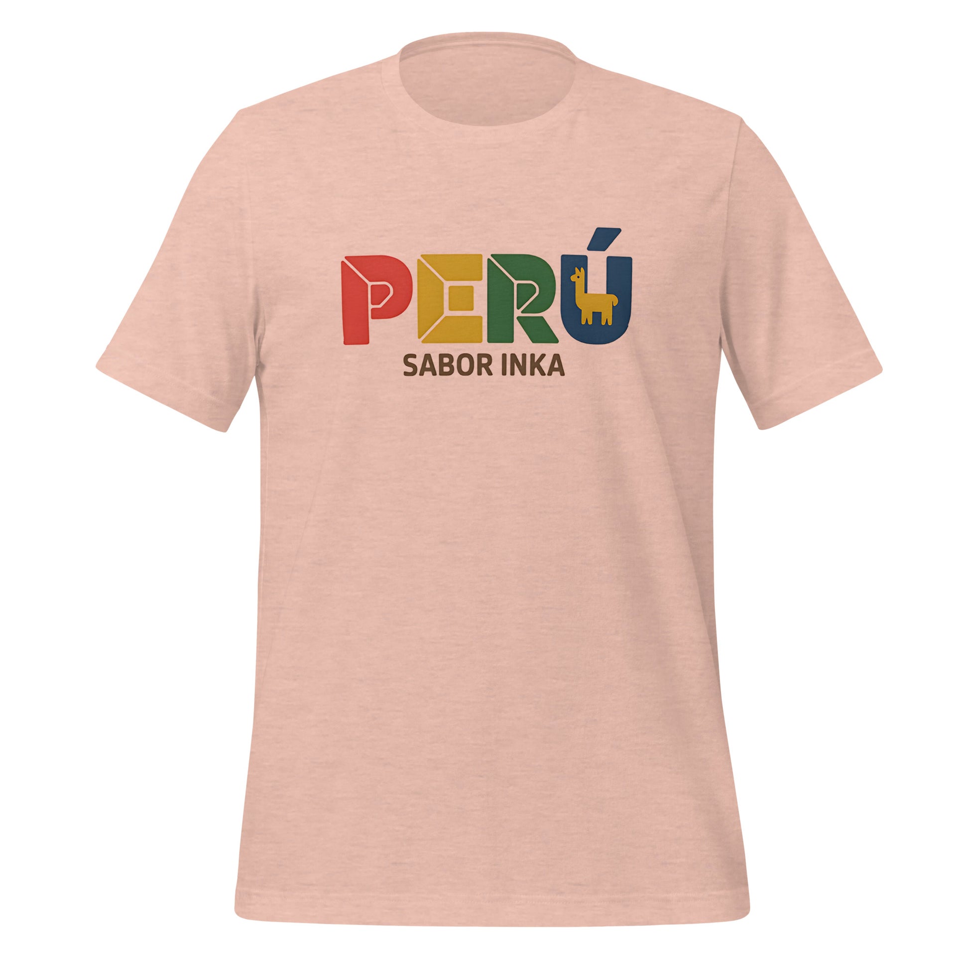 T-shirt con diseño colorido del país Perú con texto “Perú – Sabor Inka”.