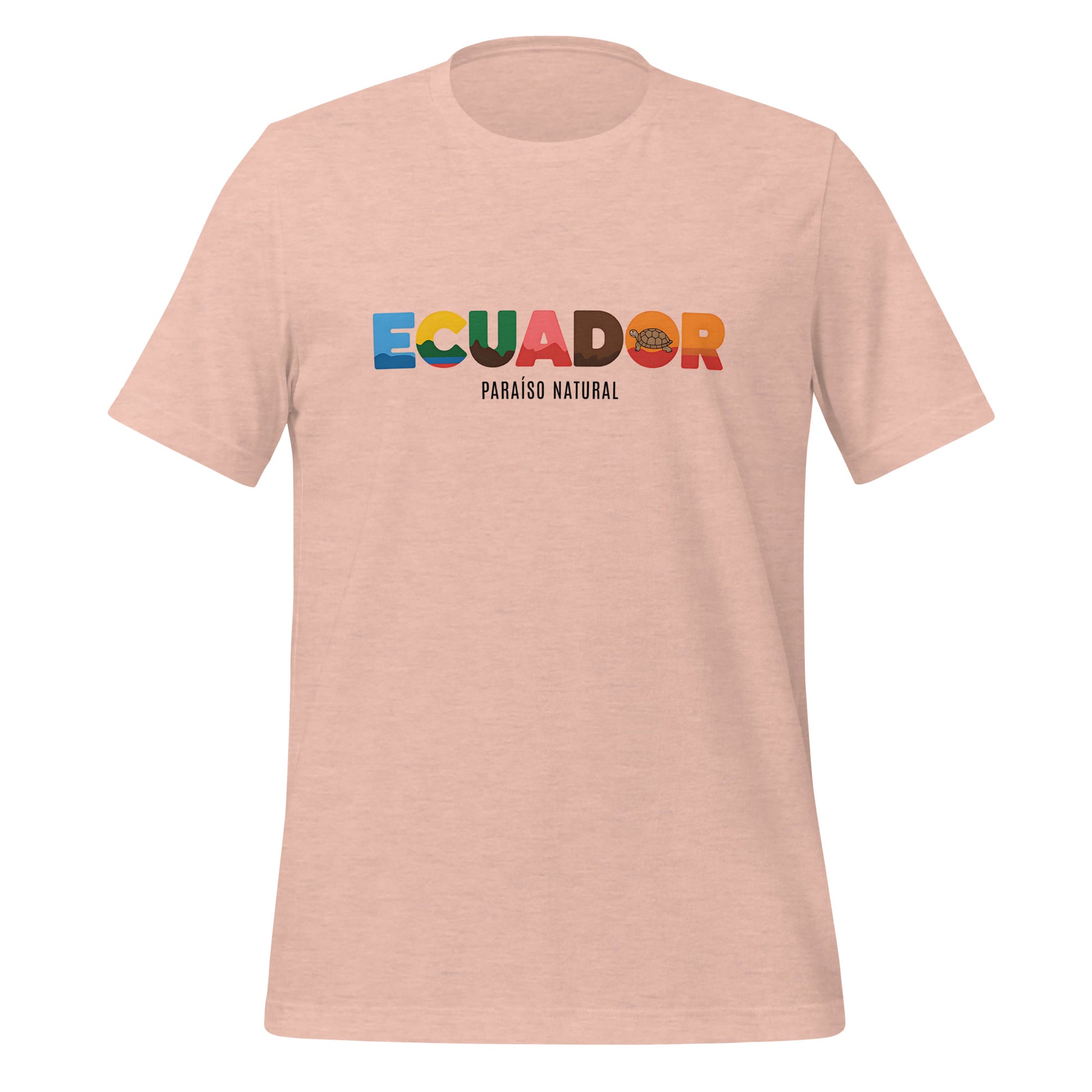 T-shirt con diseño colorido del país Ecuador con texto “Ecuador – Paraíso Natural”.