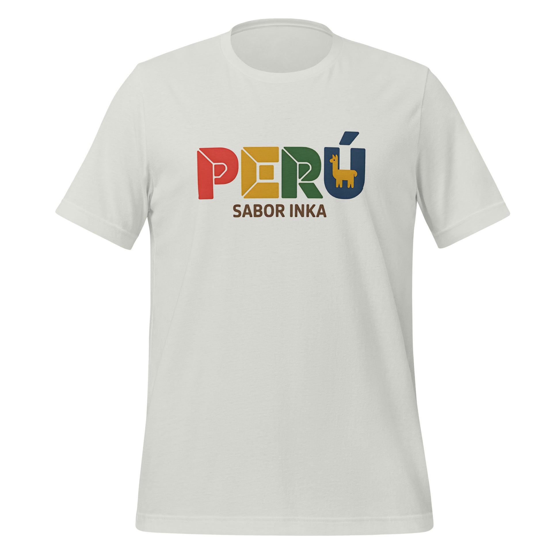 T-shirt con diseño colorido del país Perú con texto “Perú – Sabor Inka”.