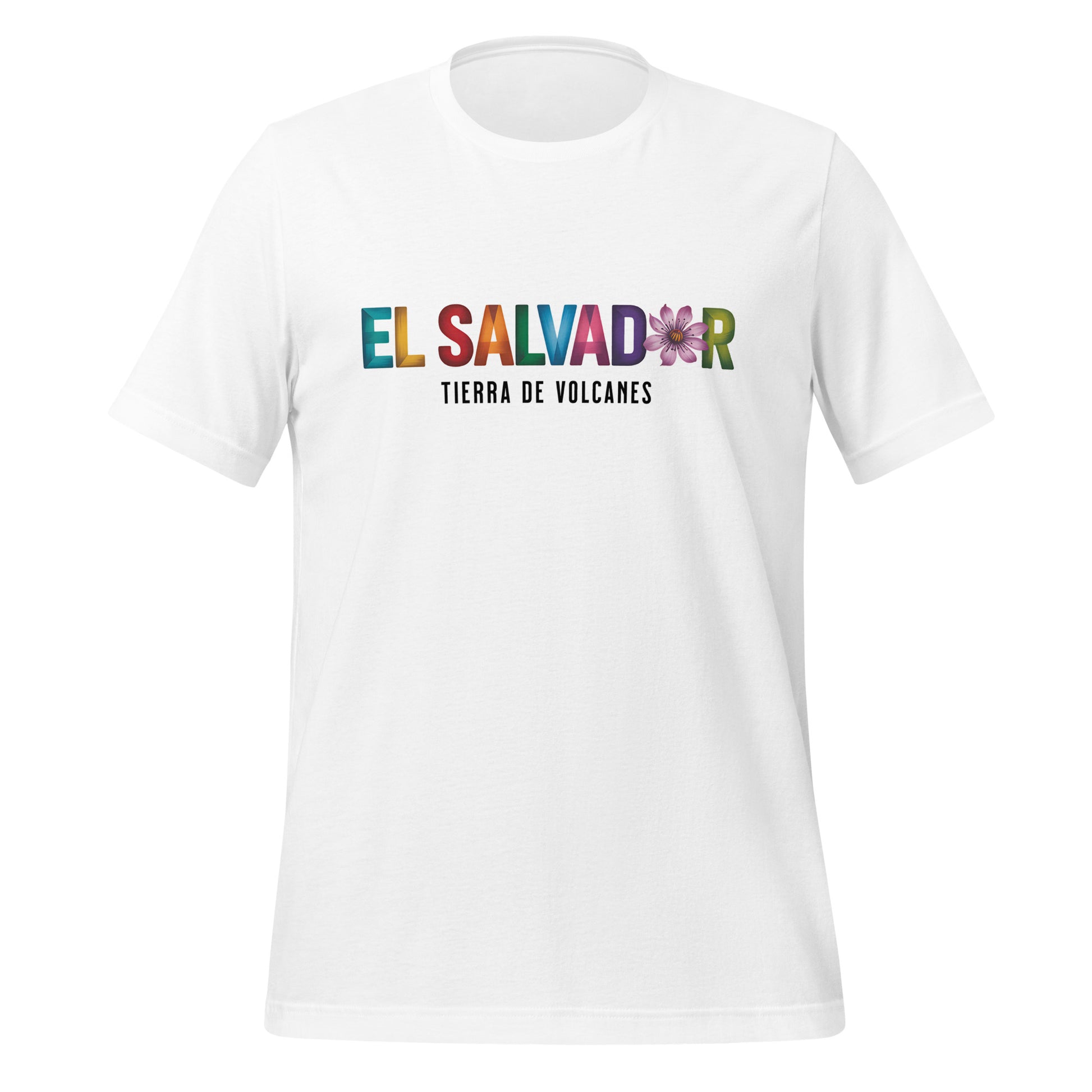 T-shirt con diseño colorido del país El Salvador con texto “El Salvador – Tierra de Volcanes”.