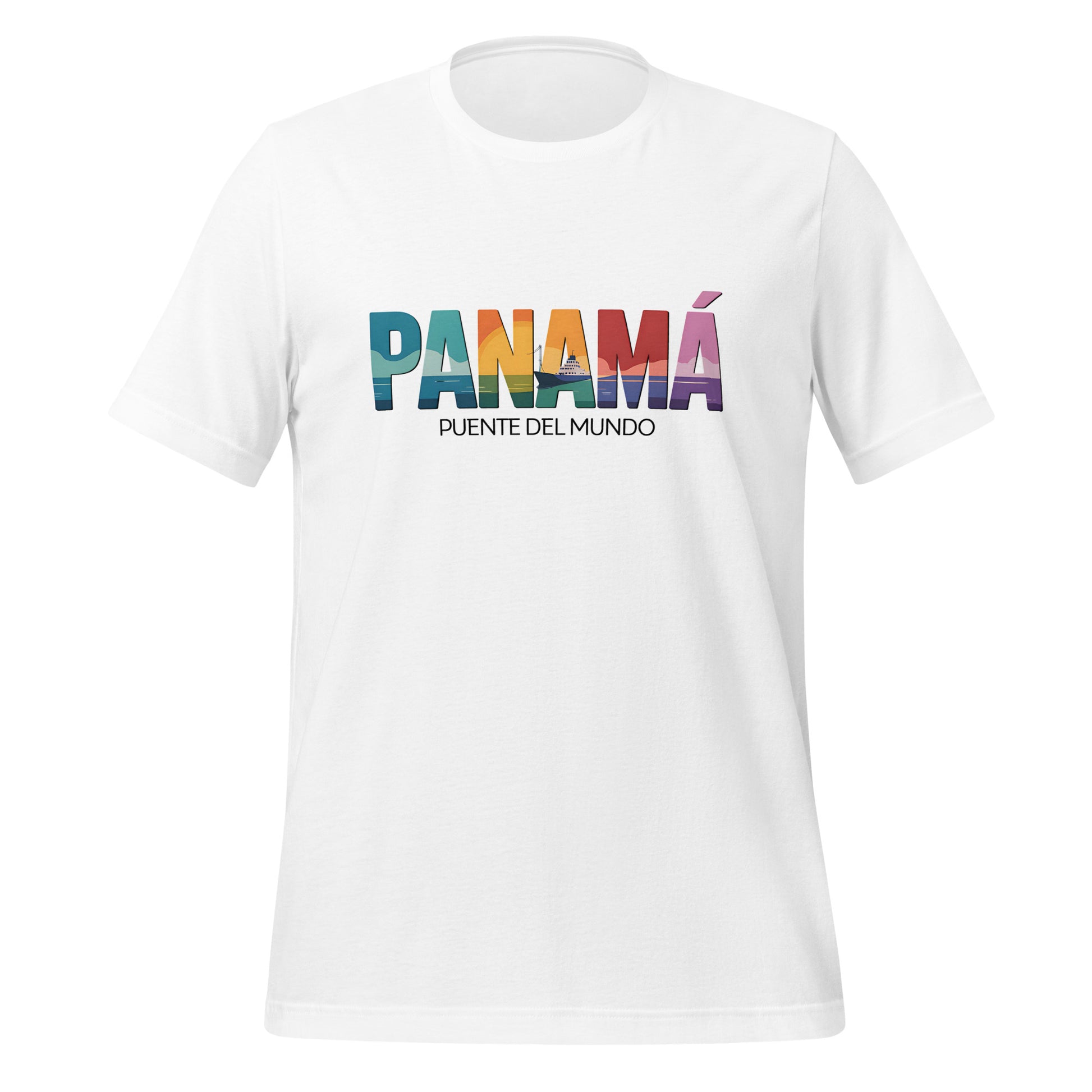 T-shirt con diseño colorido del país Panamá con texto “Panamá – Puente del Mundo”.