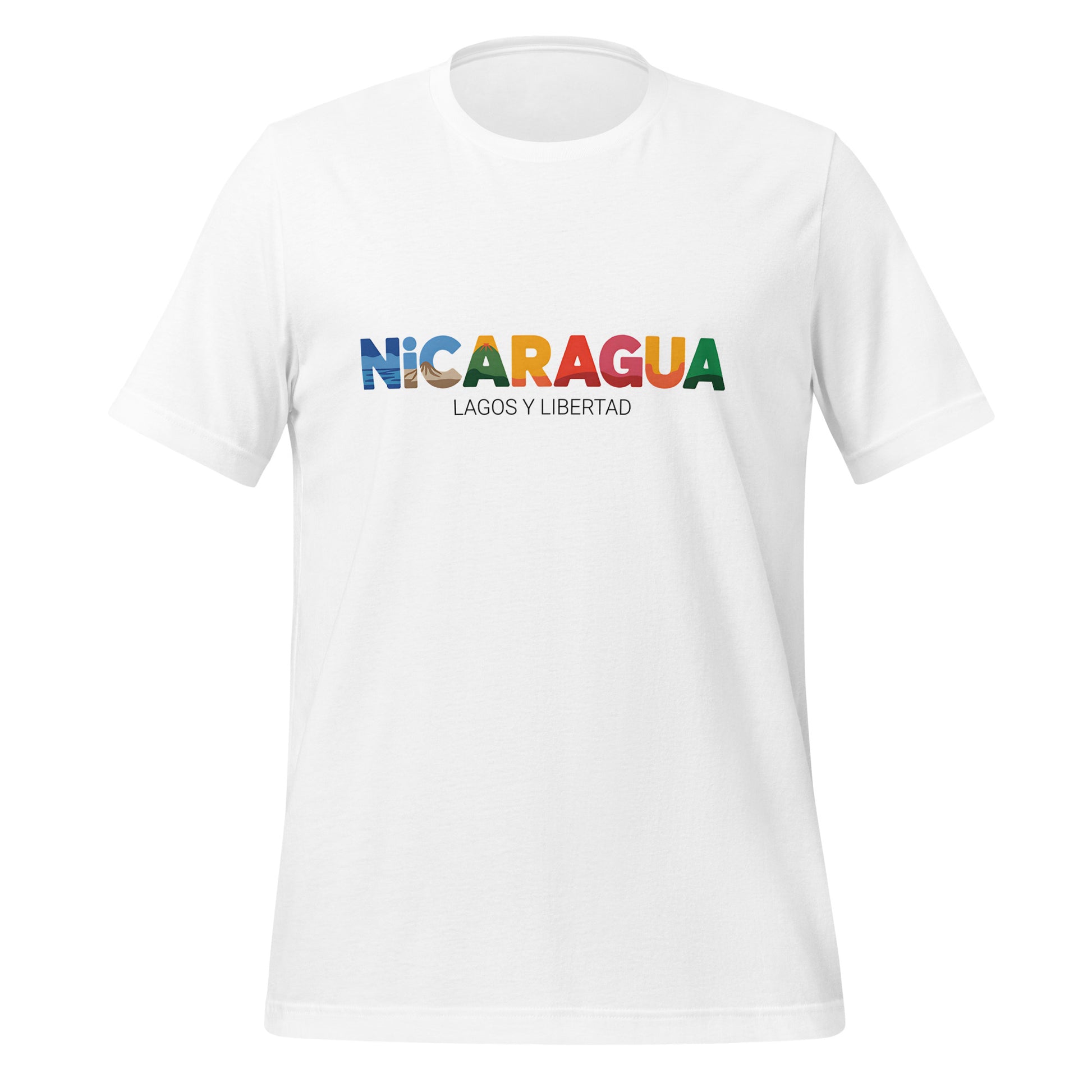 T-shirt con diseño colorido del país Nicaragua con texto “Nicaragua – Lagos y Libertad”.