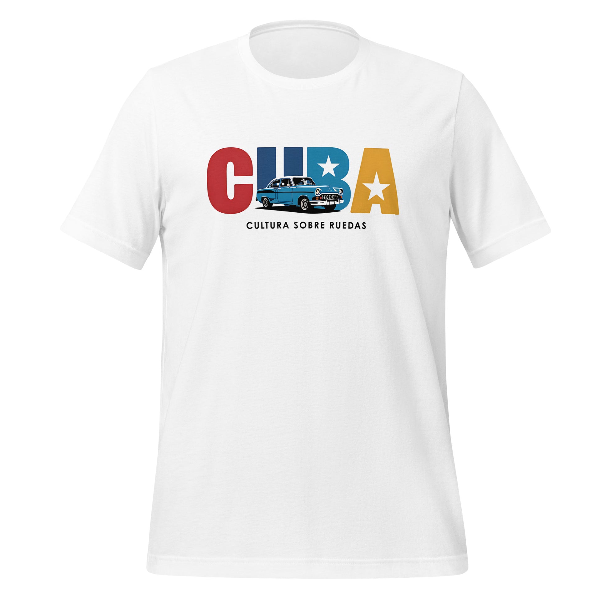 T-shirt con diseño colorido del país Cuba con texto “Cuba – Cultura sobre Ruedas”.