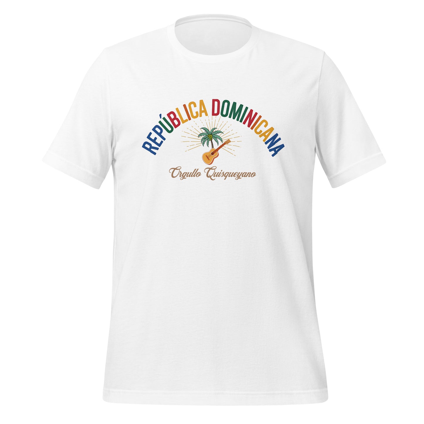 T-shirt con diseño colorido del país República Dominicana con texto “República Dominicana – Orgullo Caribeño”.