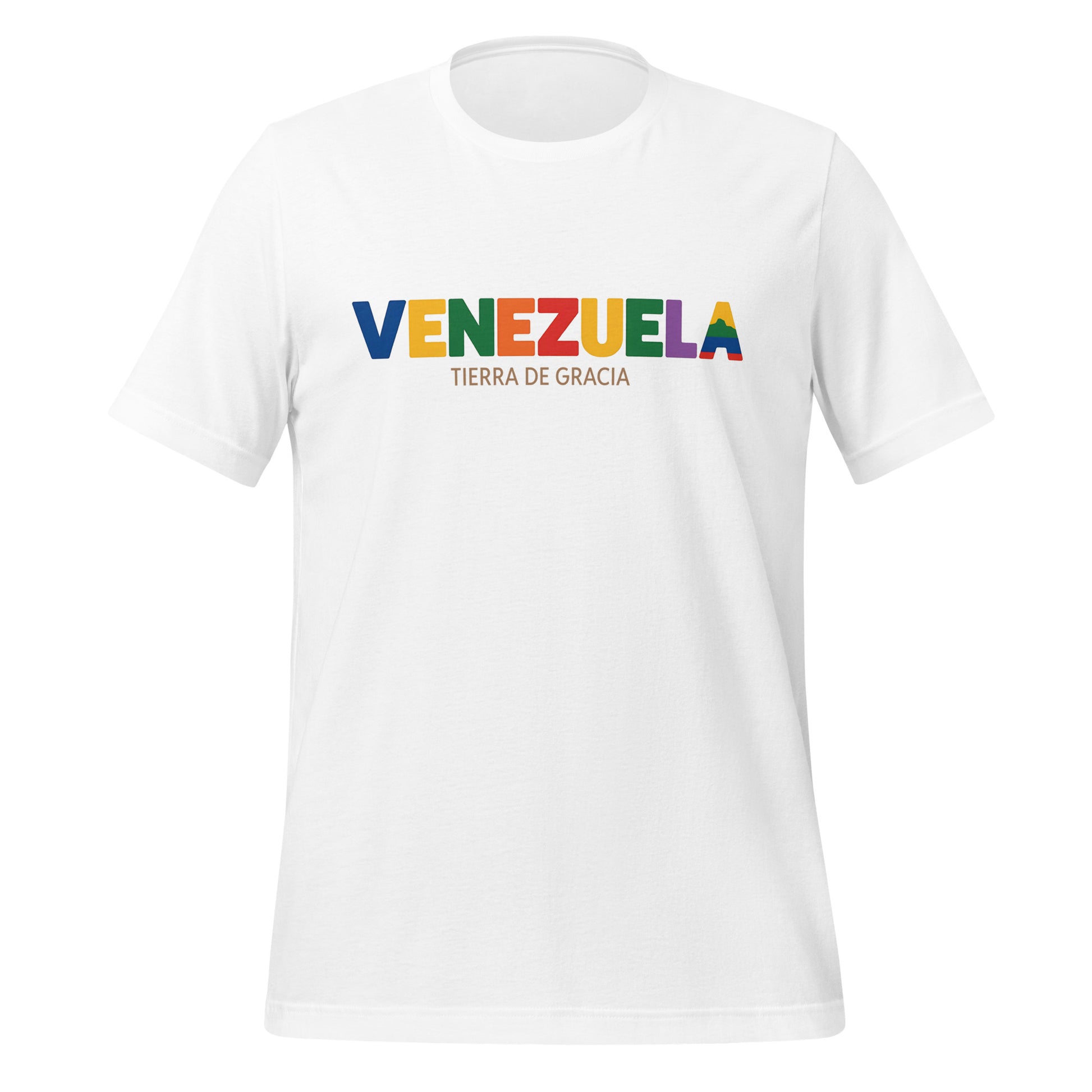 T-shirt con diseño colorido del país Venezuela con texto “Venezuela – Tierra de Gracia”.