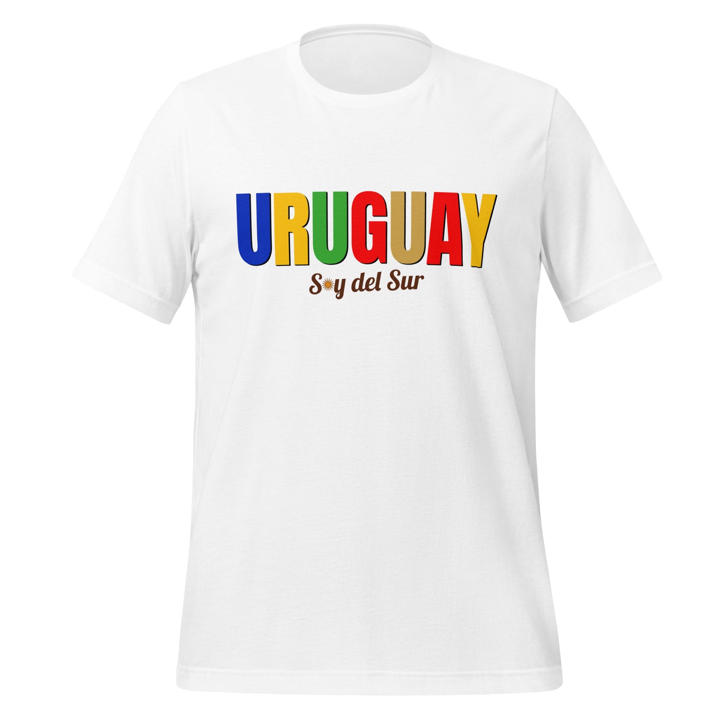 T-shirt con diseño colorido del país Uruguay con texto “Uruguay – Soy del Sur