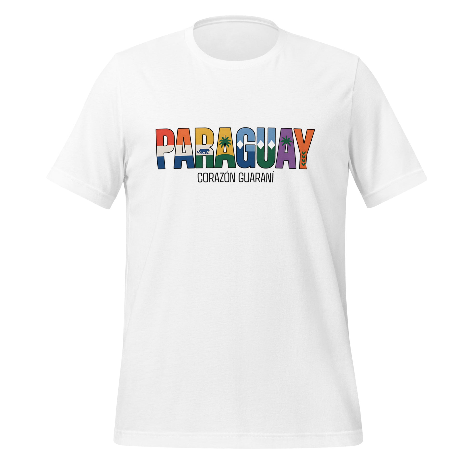 T-shirt con diseño colorido del país Paraguay con texto “Paraguay – Corazón Guaraní”.