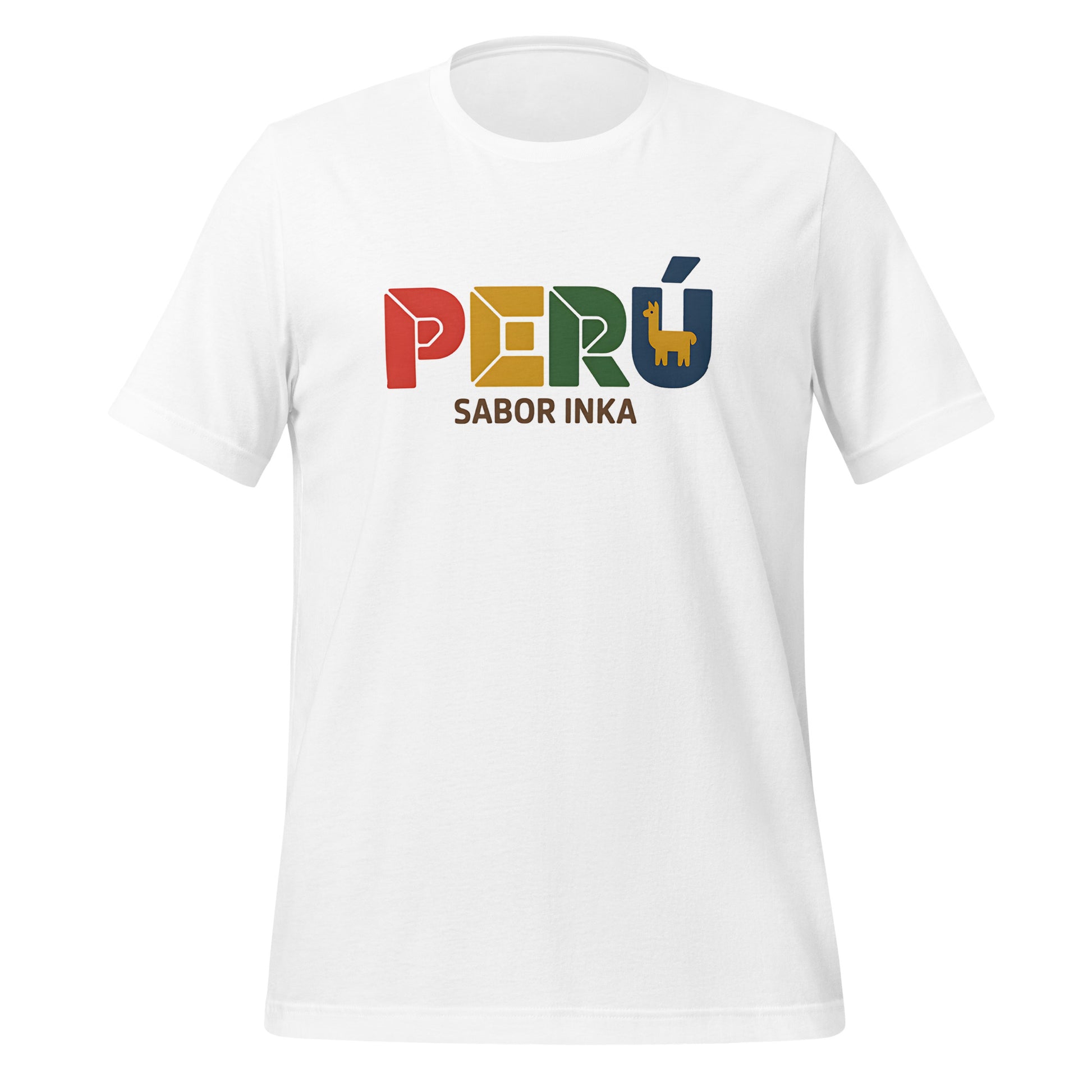 T-shirt con diseño colorido del país Perú con texto “Perú – Sabor Inka”.