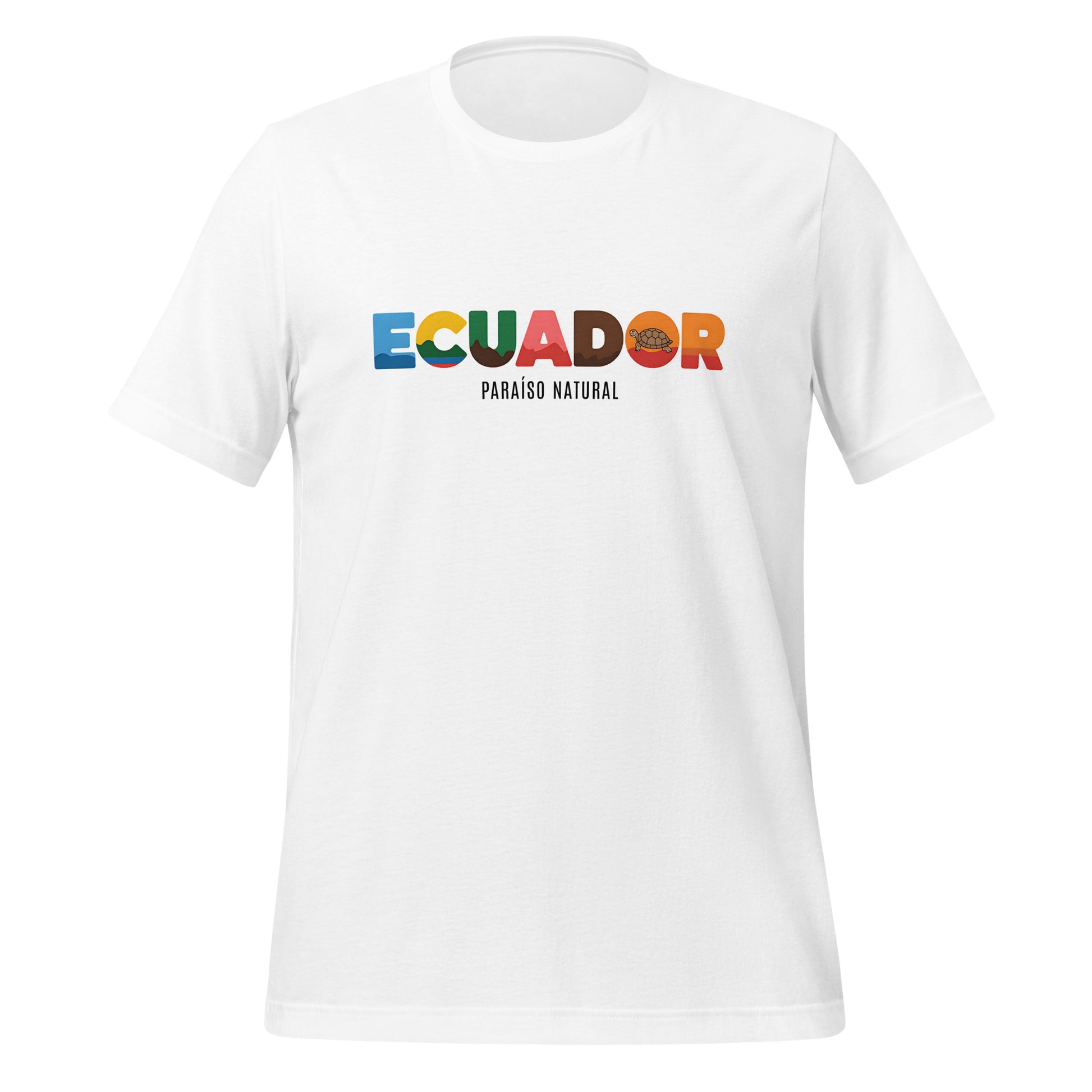 T-shirt con diseño colorido del país Ecuador con texto “Ecuador – Paraíso Natural”.