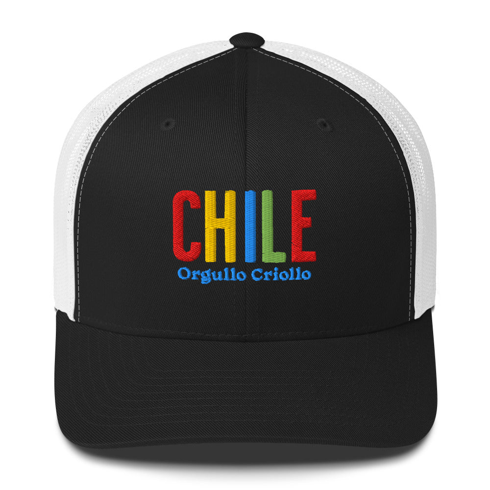 Gorra bordada con texto “Orgullo Criollo”, diseño artesanal inspirado en la cultura chilena.