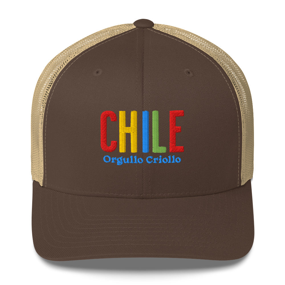 Gorra bordada con texto “Orgullo Criollo”, diseño artesanal inspirado en la cultura chilena.