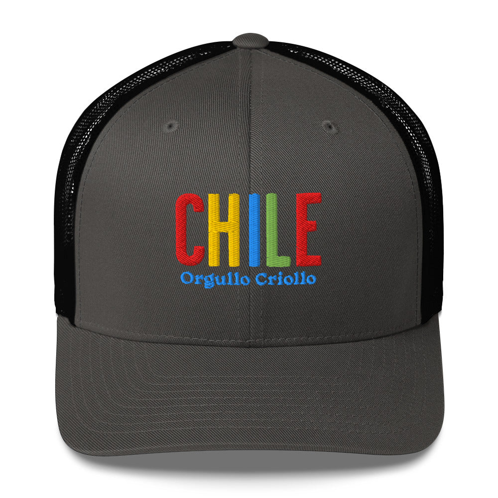 Gorra bordada con texto “Orgullo Criollo”, diseño artesanal inspirado en la cultura chilena.