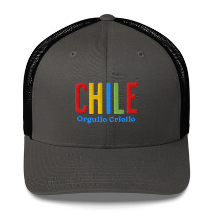 Gorra bordada con texto “Orgullo Criollo”, diseño artesanal inspirado en la cultura chilena.