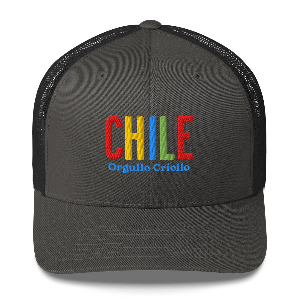 Gorra bordada con texto “Orgullo Criollo”, diseño artesanal inspirado en la cultura chilena.