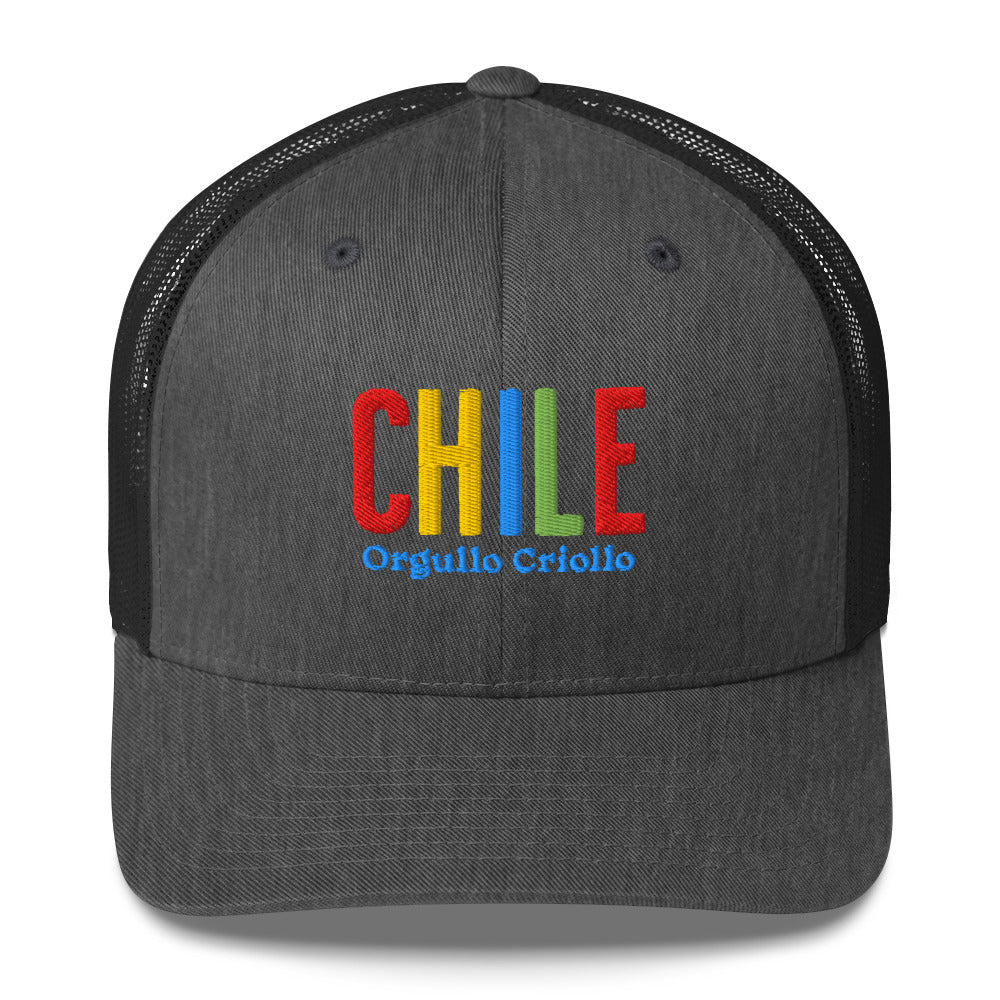 Gorra bordada con texto “Orgullo Criollo”, diseño artesanal inspirado en la cultura chilena.