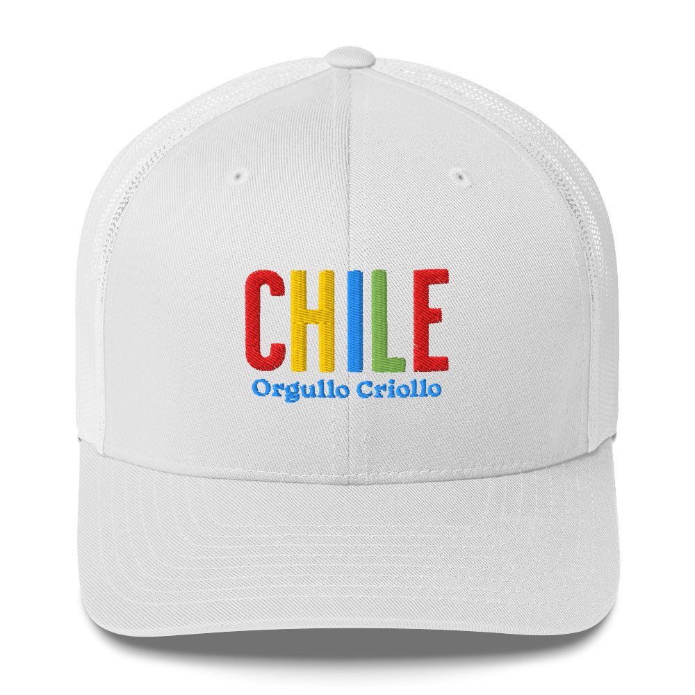 Gorra bordada con texto “Orgullo Criollo”, diseño artesanal inspirado en la cultura chilena.