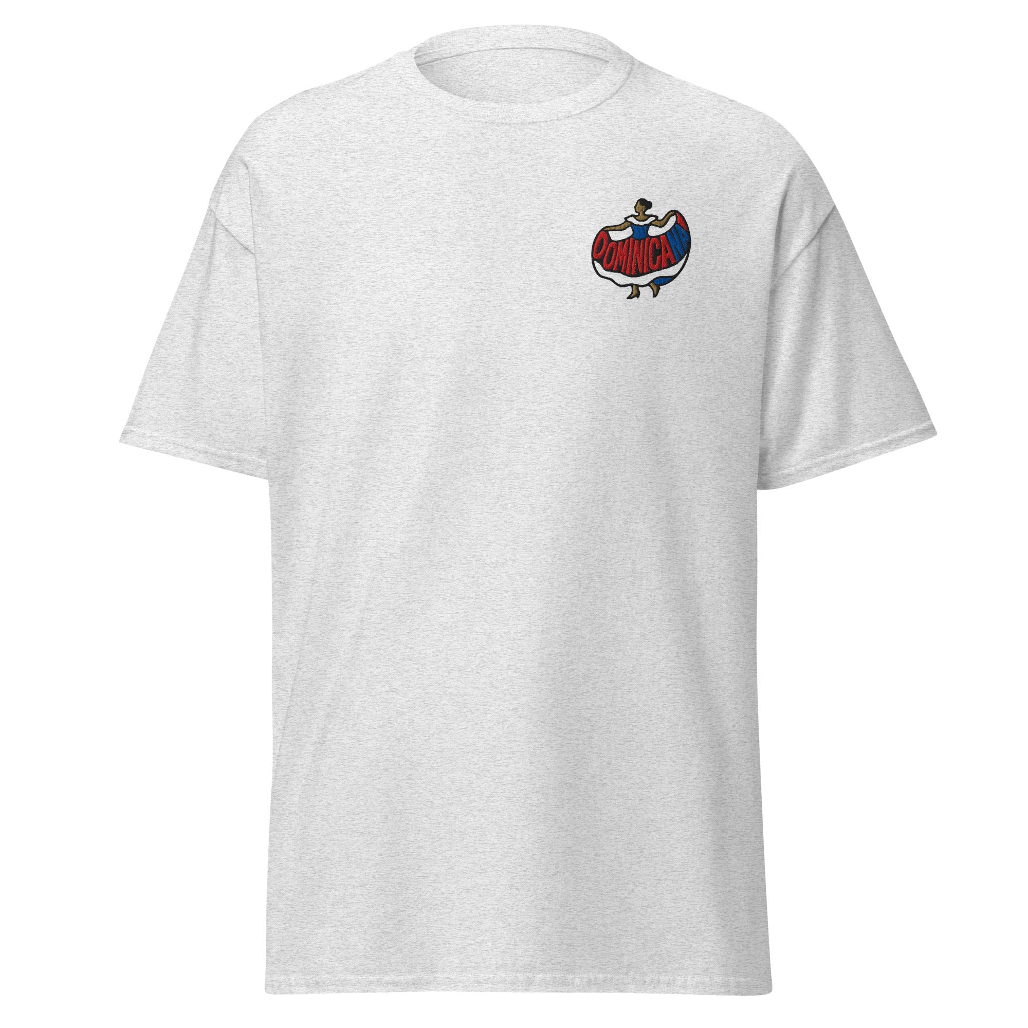 Embroidered silhouette of a woman in a red, white and blue dress with the word ‘Dominicana’ above.