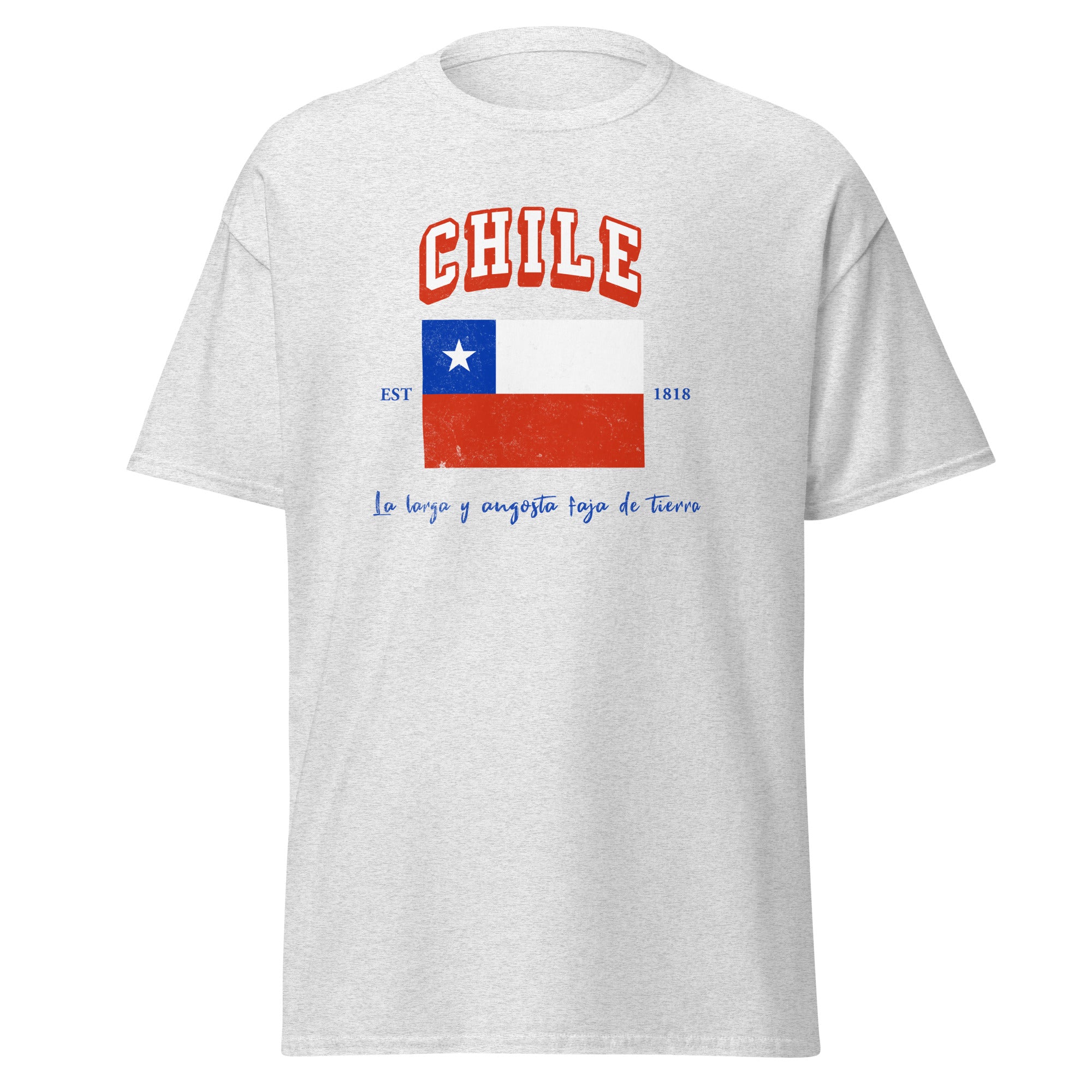 Chile Varsity T-Shirt on light blue shirt  Latin pride apparel.
