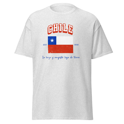 Chile Varsity T-Shirt on light blue shirt  Latin pride apparel.
