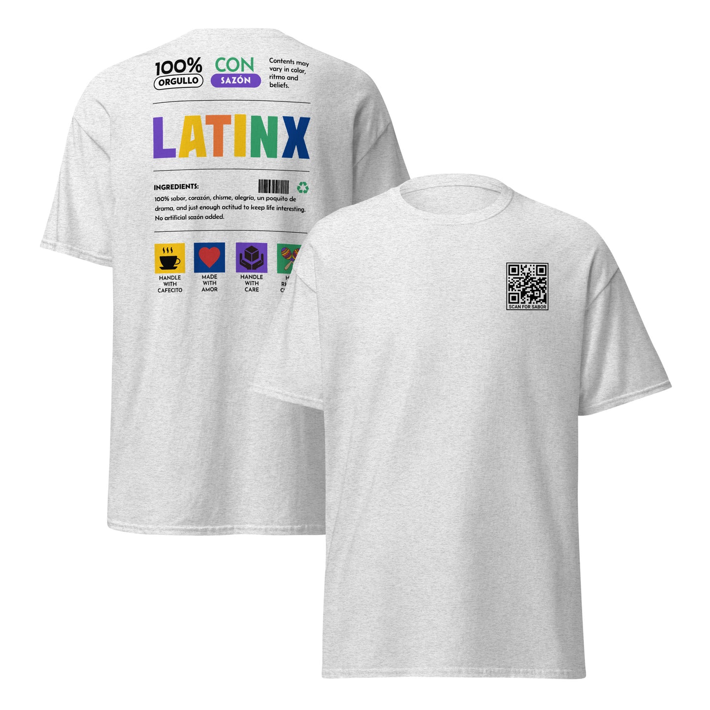 White unisex T-shirt with front QR code that reads ‘Scan for Sazón’ and colorful Latinx Nutrition Label design on the back, featuring orgullo, sazón, and cultura icons.
