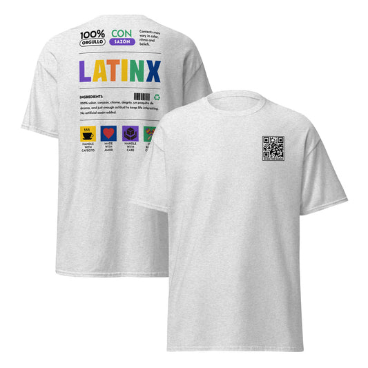 White unisex T-shirt with front QR code that reads ‘Scan for Sazón’ and colorful Latinx Nutrition Label design on the back, featuring orgullo, sazón, and cultura icons.